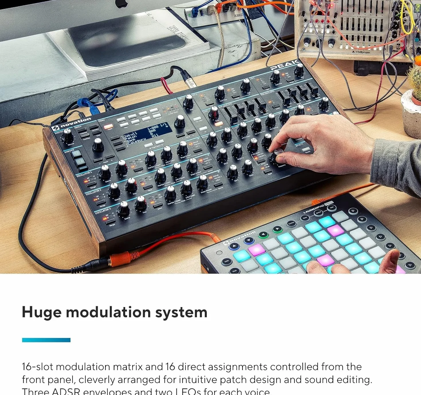 Novation Peak 8-głosowy pulpit polifoniczny syntezator z 2 LFO na głos, 16-gniazdowa matryca modulacyjna, 3 analogowe punkty zniekształceń i efekty cyfrowe