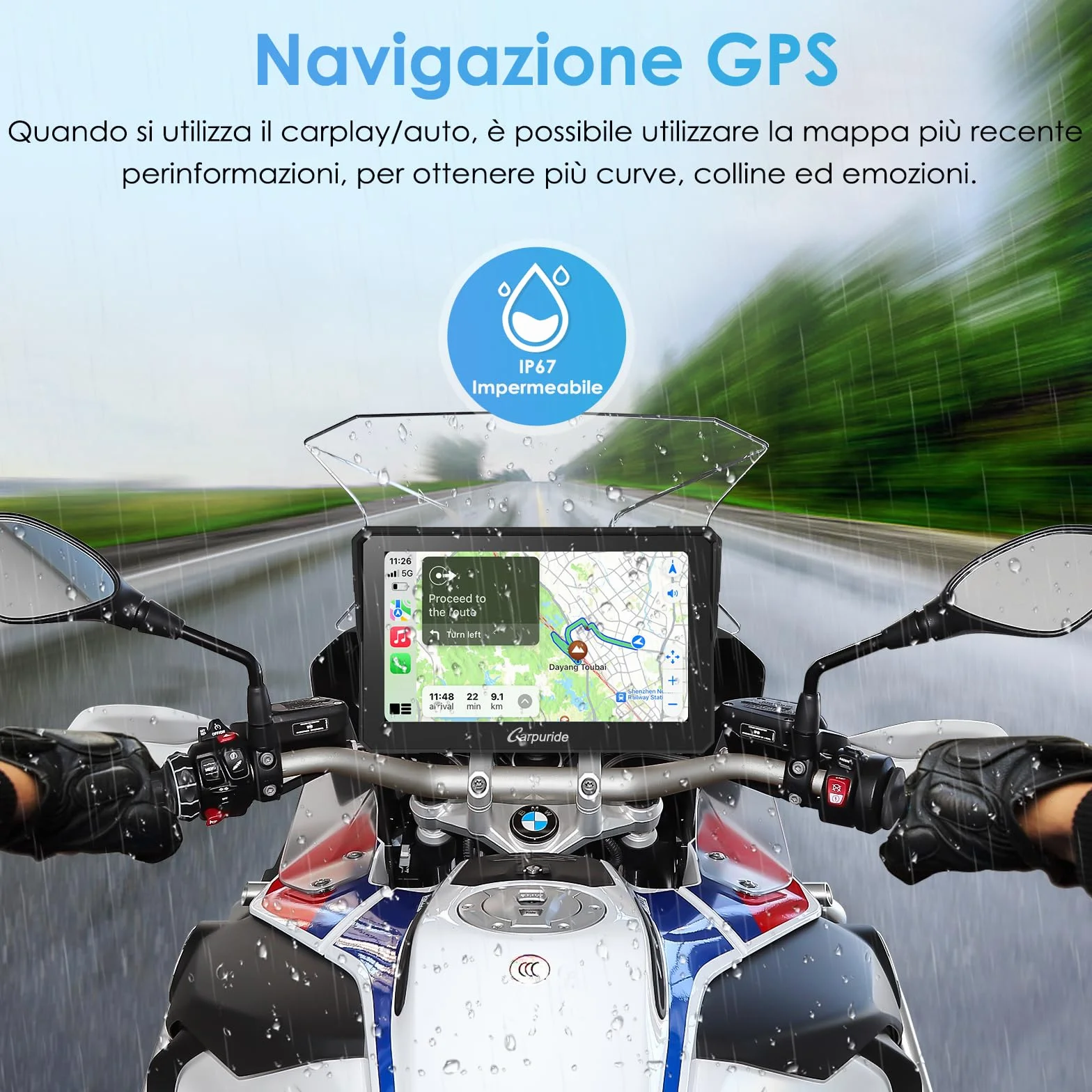 Carpuride W702B Motocyklowy ekran Carplay z niestandardowym mocowaniem do BMW Motorbike, Wireless CarPlay i Android Auto, przenośny 7-calowy wodoodporny ekran dotykowy, podwójny Bluetooth, nawigacja,