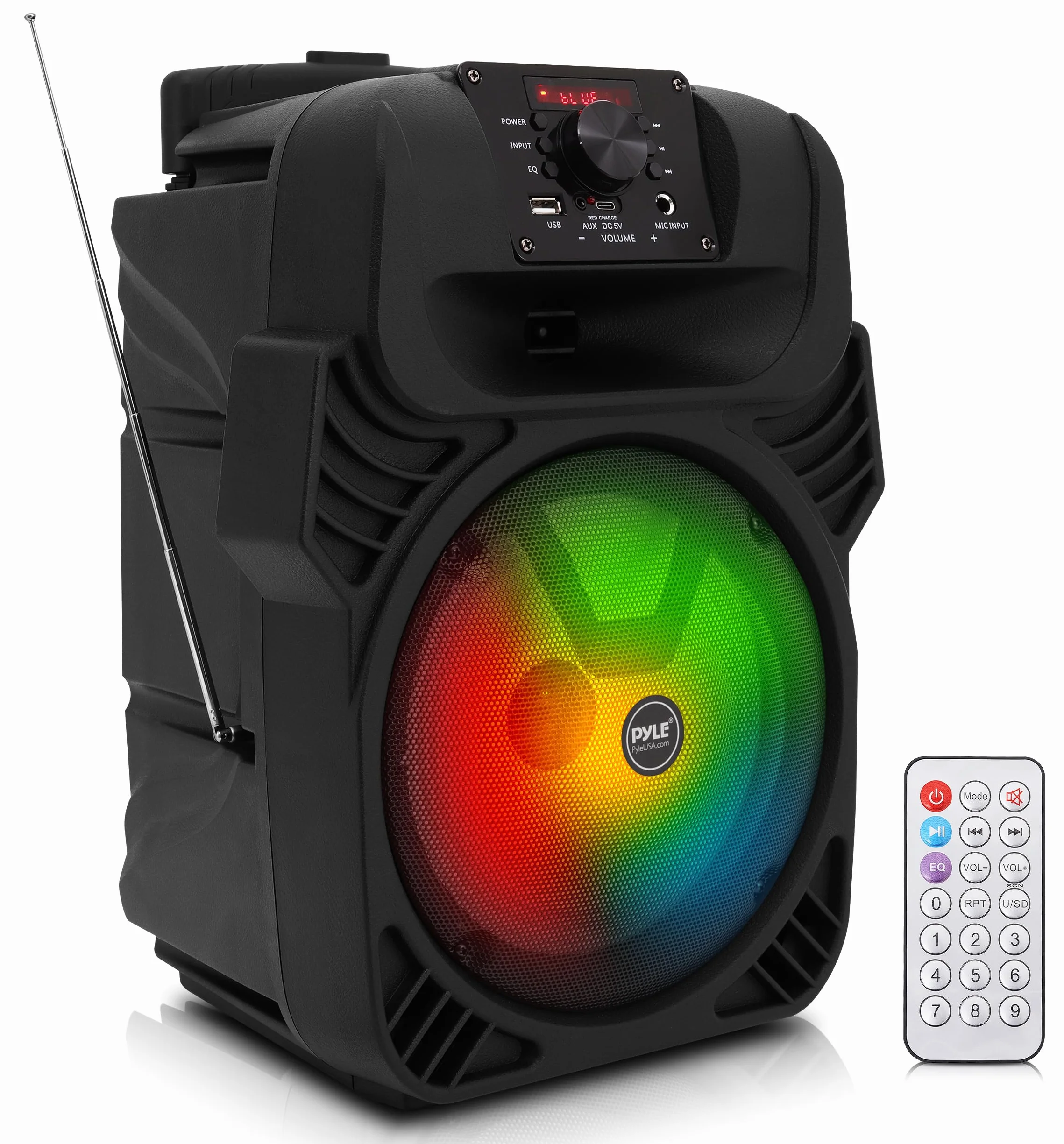 Pyle Przenośny głośnik PA 400 W - system subwoofera 8", 4 omy/55-20 kHz, radio USB/MP3/FM/wejście mikrofonu ¼, wielokolorowe światła LED, wbudowany akumulator z pilotem - Pyle PPHP844B