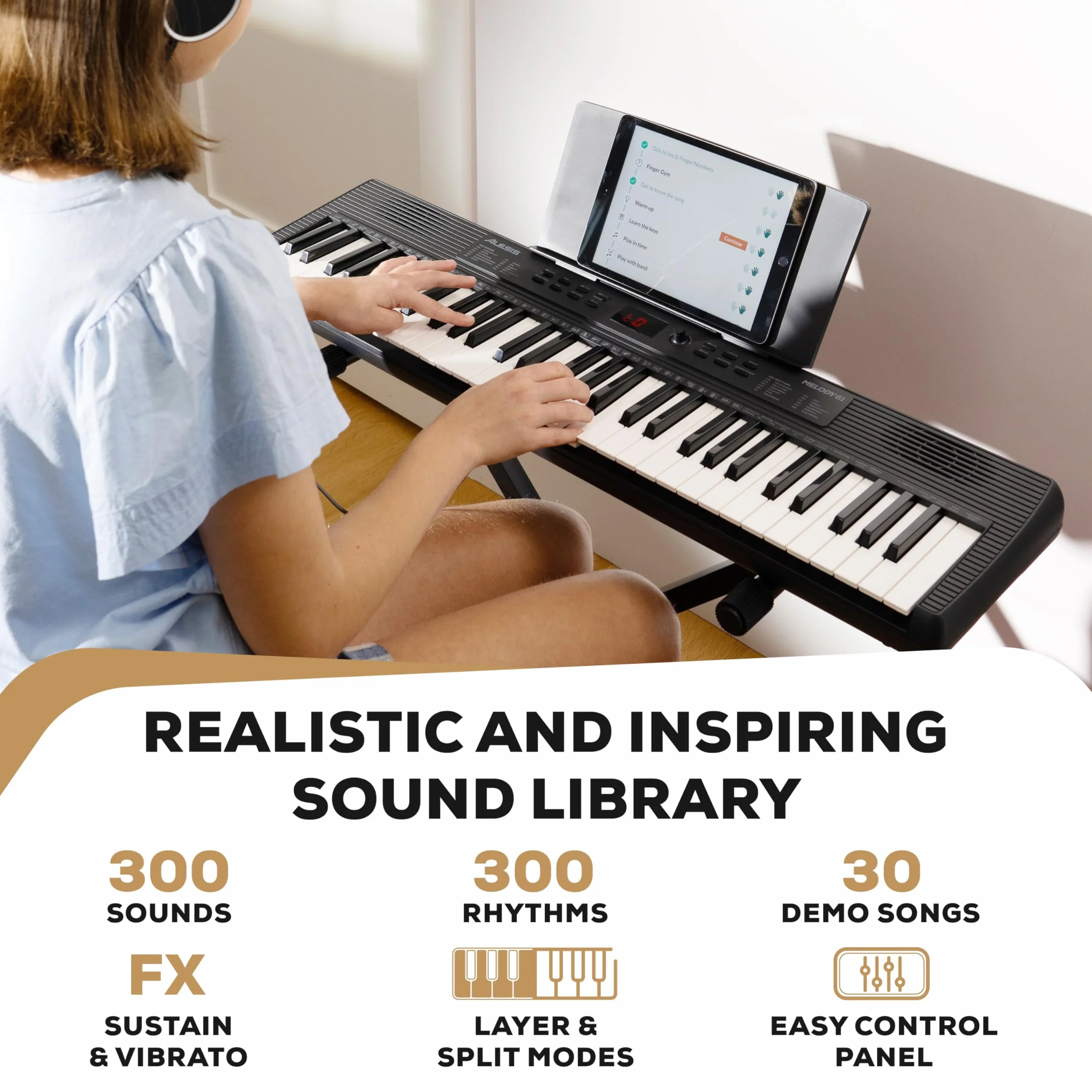 Alesis Melody 61 Pianino dla Początkujących z 61 Klawiszy, Głośniki, Stojak, Ława, Słuchawki, Podpórka pod nuty/tablet, 300 Brzmień i Lekcje gry