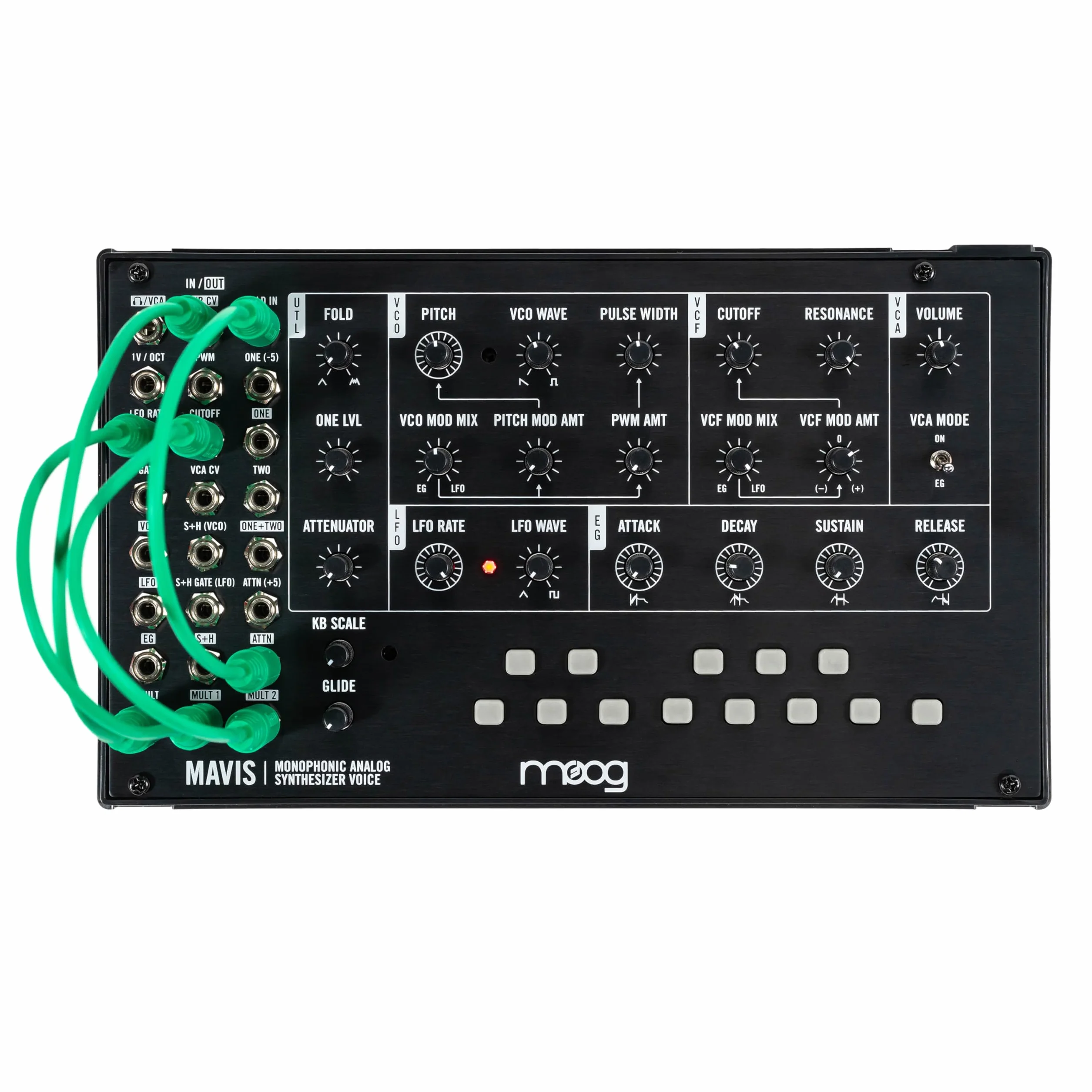 MOOG Mavis - Semimodularny Syntezator Analogowy z Klawiaturą, Oscylatorem Analogowym, Filtrem, Generatorem Obwiedniowym, Wavefolderem i Osłoną