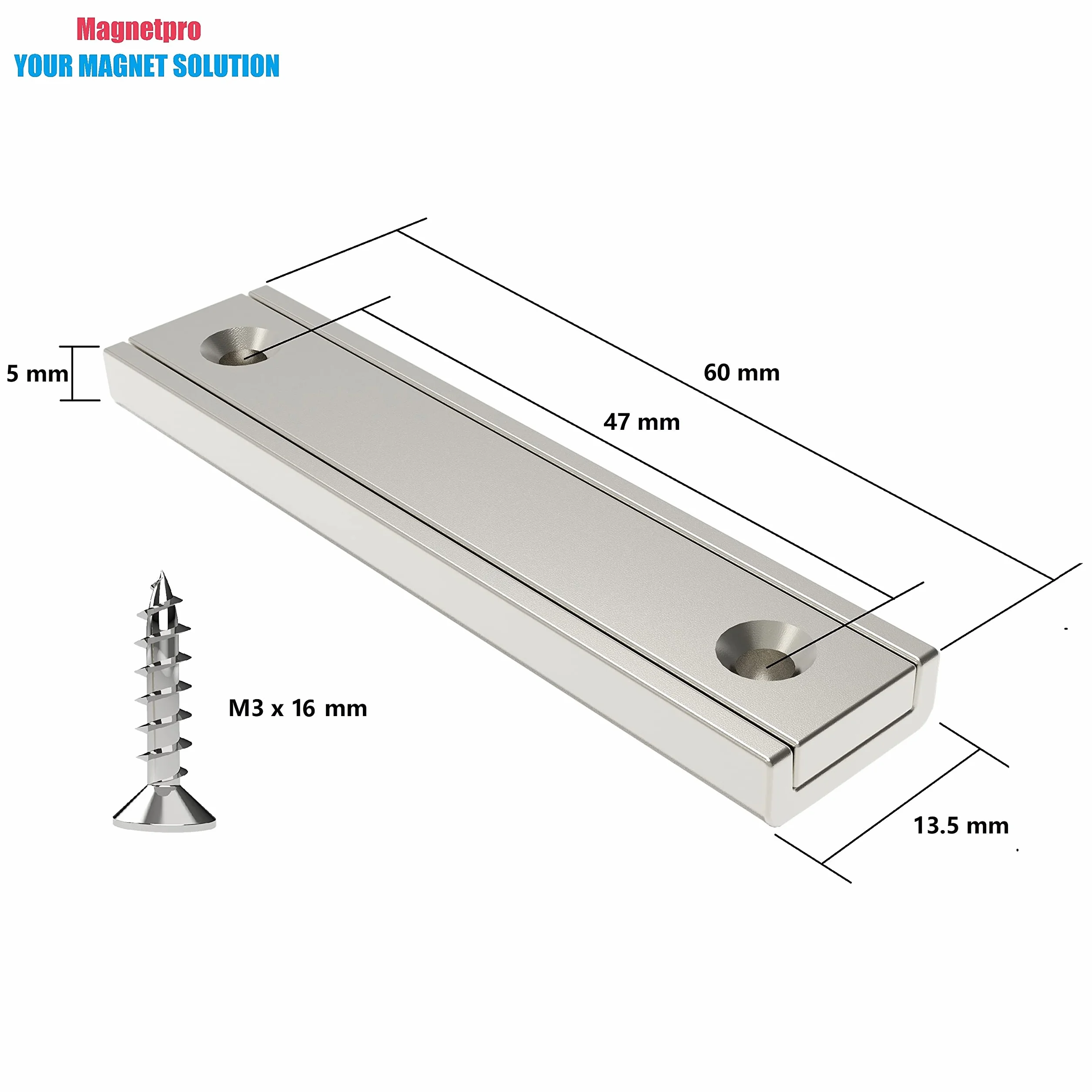 Magnetpro 8 sztuk prostokątnych magnesów 30 KG siła 60 x 13,5 x 5 mm z wpuszczanym otworem i kapsułką, magnes garnkowy do użytku domowego i przemysłowego ze śrubami