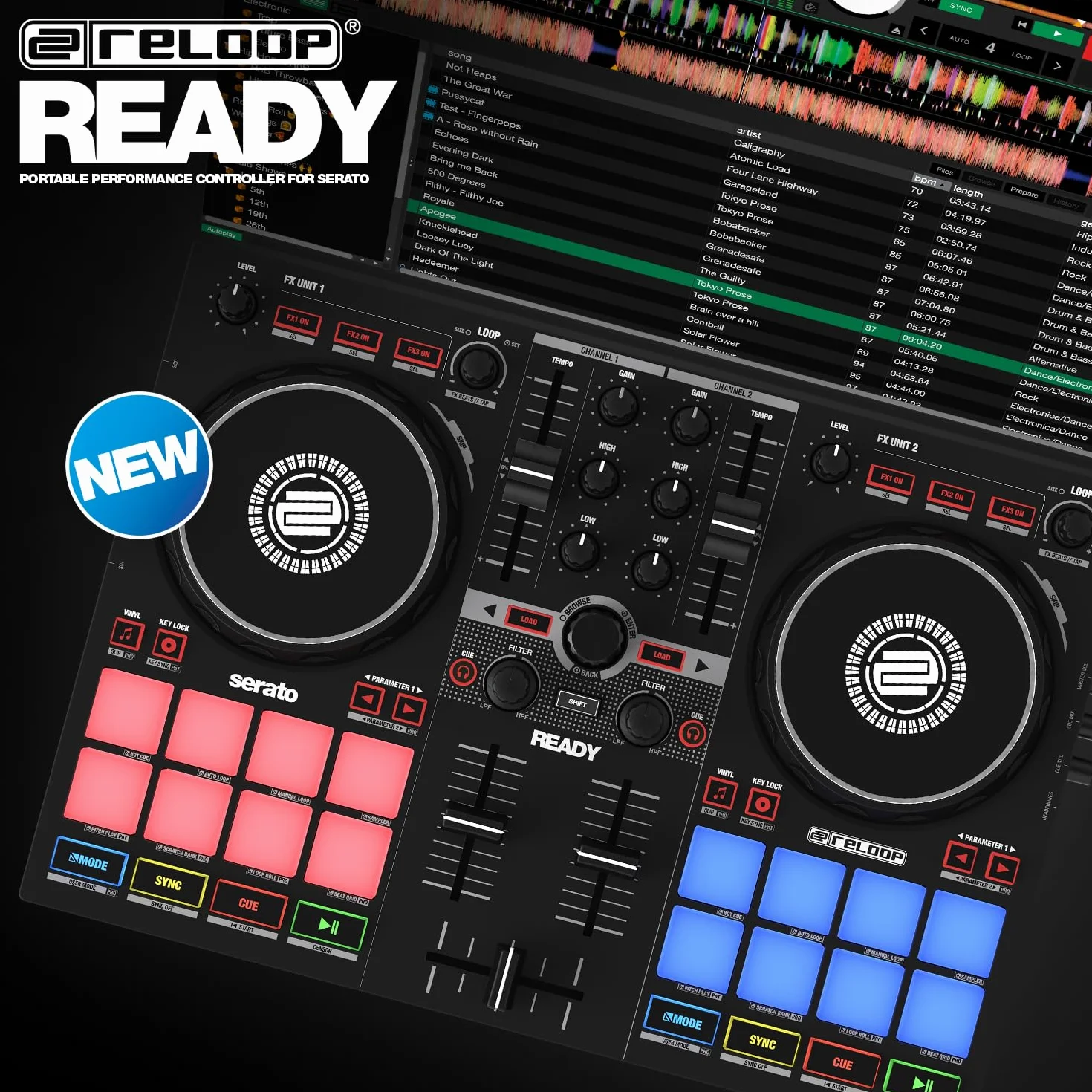 Gotowy na Reloop | Kompaktowy, 2-deckowy kontroler DJ dla Serato DJ Lite (w zestawie) i DJ Pro, 16 dużych padów RGB, 9 trybów wydajności, w tym nowy bank scratchów, 2 jednostki FX
