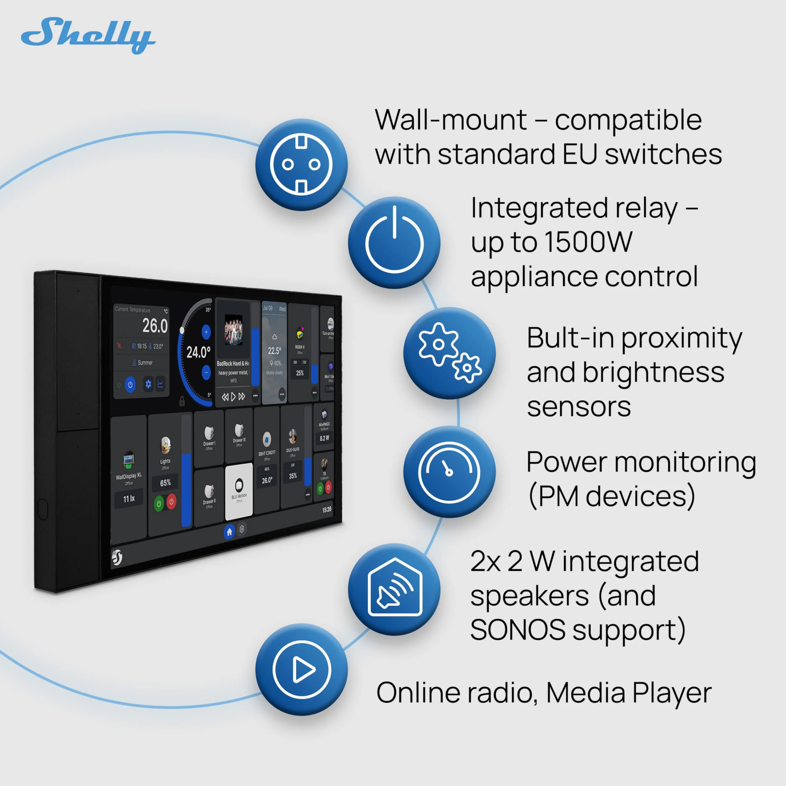 Shelly Wall Display XL czarny – panel sterowania Smart Home, termostat, wbudowany przekaźnik 5A, wymagany przewód neutralny, czujnik LUX, głośnik stereo, centrala sterująca, Alexa i Google Home