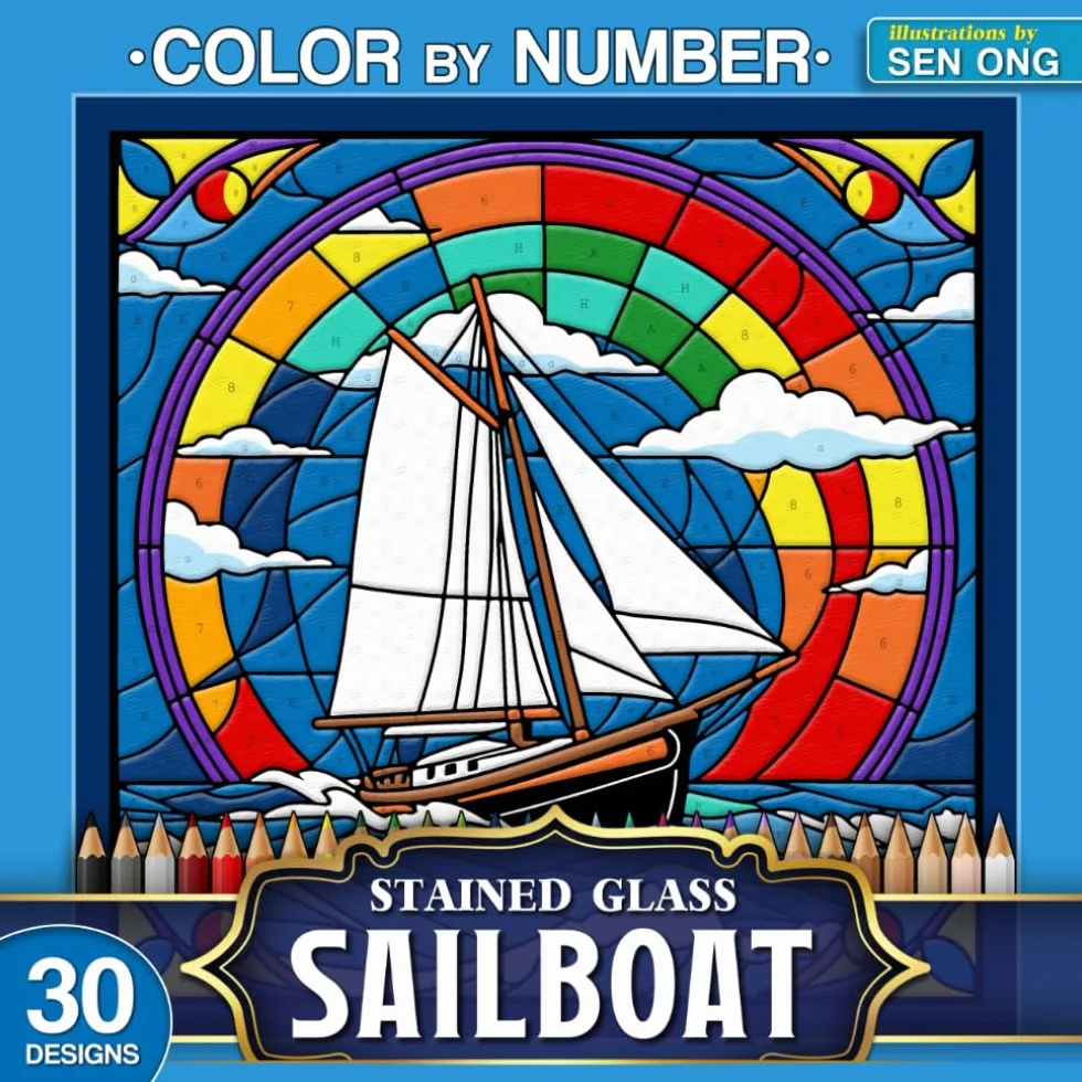 Sailboat Landscapes Stained Glass Color by Number: 30 Serene Designs for a Peaceful Coloring Experience