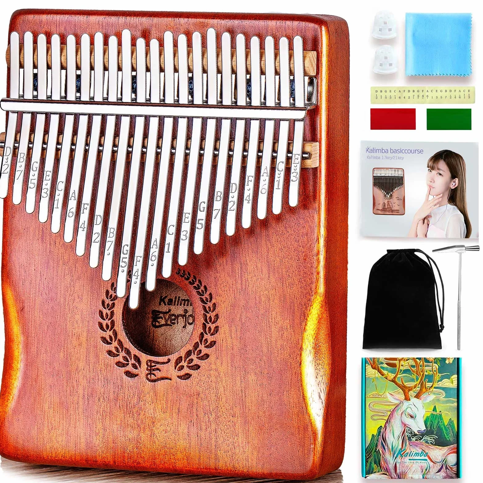 Everjoys Kalimba fortepian na kciuk, 21 klawiszy, profesjonalny instrument muzyczny, pianino na palec, marimby z przenośną miękką torbą z tkaniny, szybki śpiewnik, młotek do strojenia, wszystko w