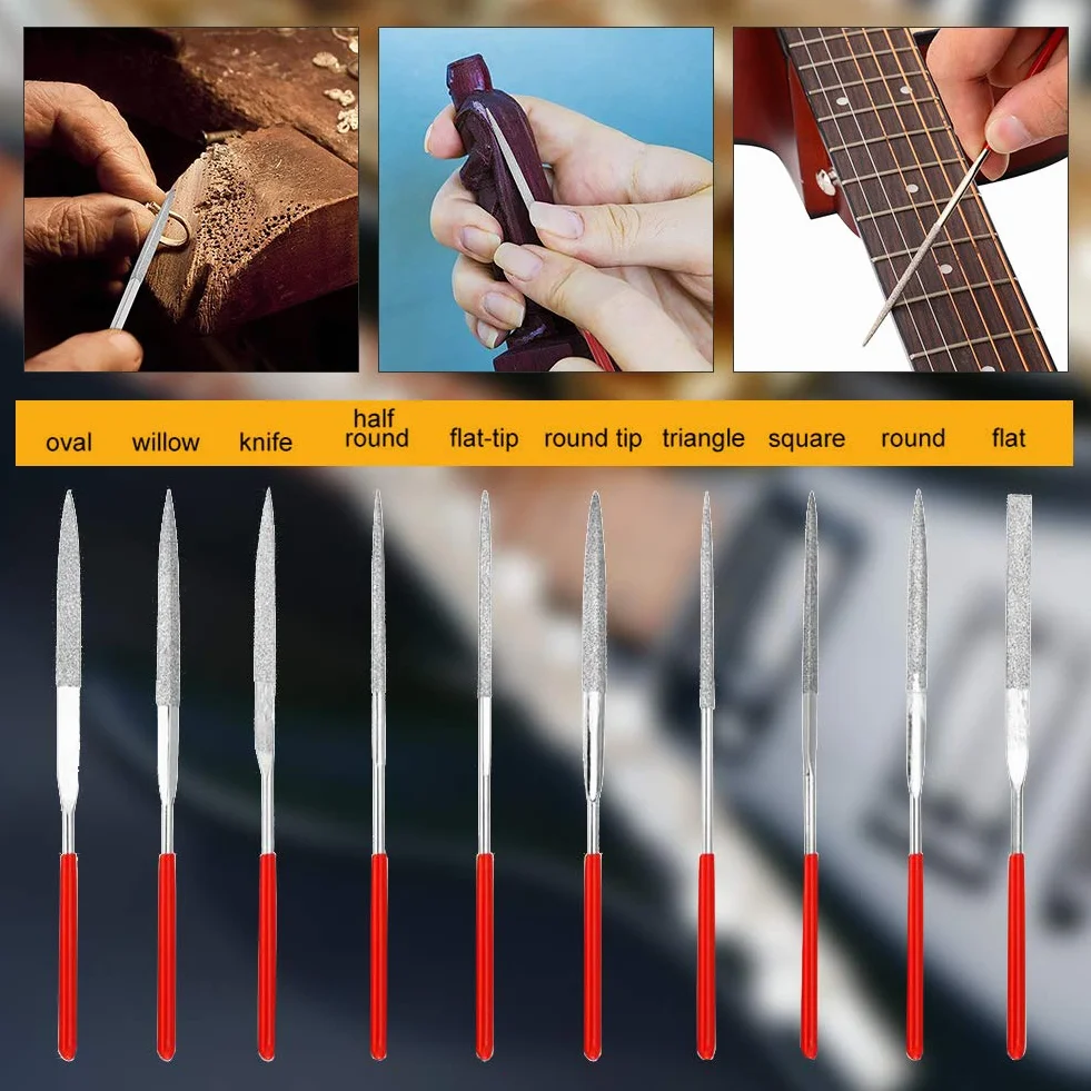 Zestaw pilników gitarowych, 10 szt. nakrętka progowa, gniazdo Pickguard zestaw pilników szlifierskich, narzędzie do naprawy lutnika do skrzypiec gitarowych
