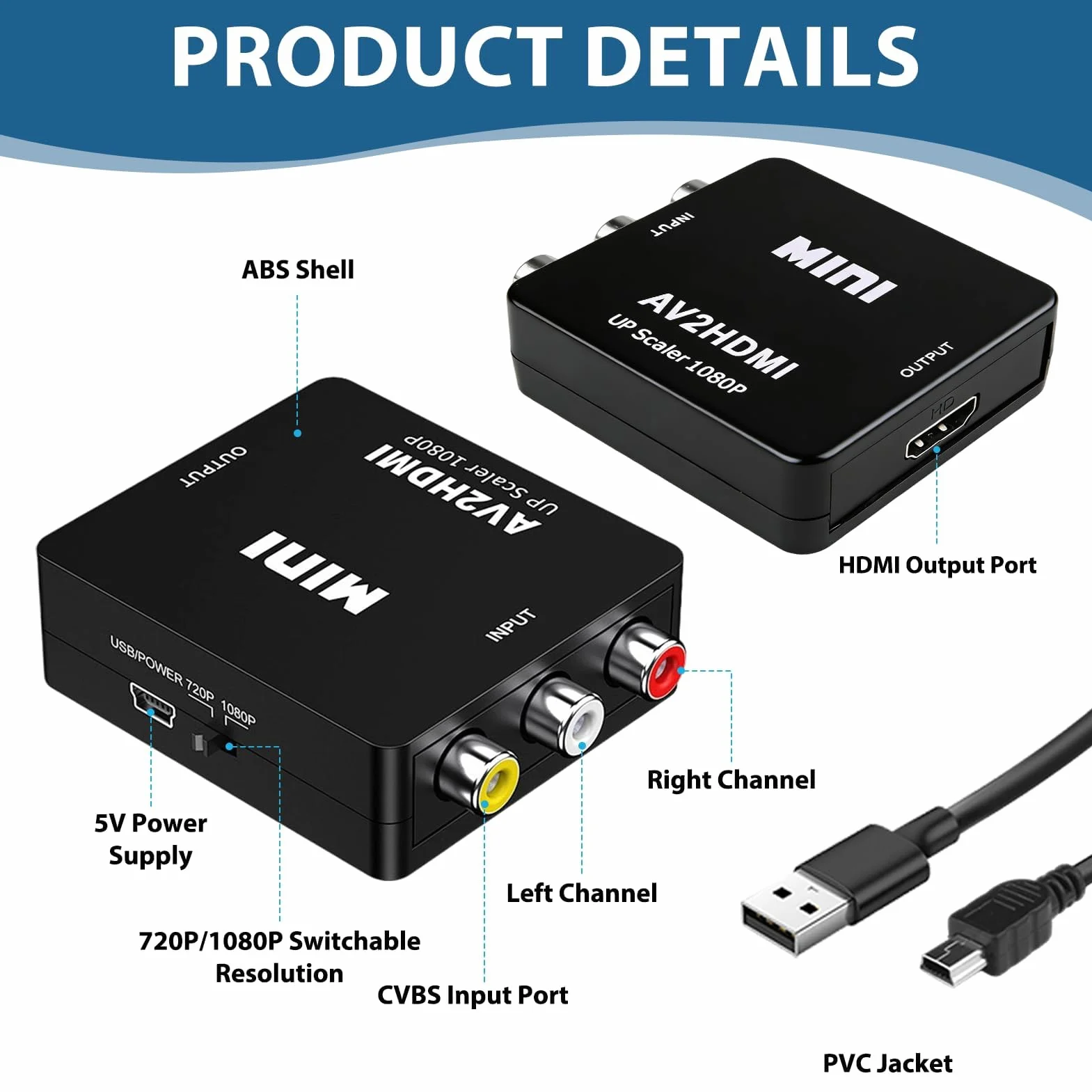Konwerter RCA na HDMI 1080P, adapter RCA na HDMI z kablem USB, Mini AV Composite CVBS Video Audio Converter Adapter, obsługuje PAL/NTSC/SECAM, dla Xbox 360 PS1 PS2 WII VHS Camera, Plug & Play
