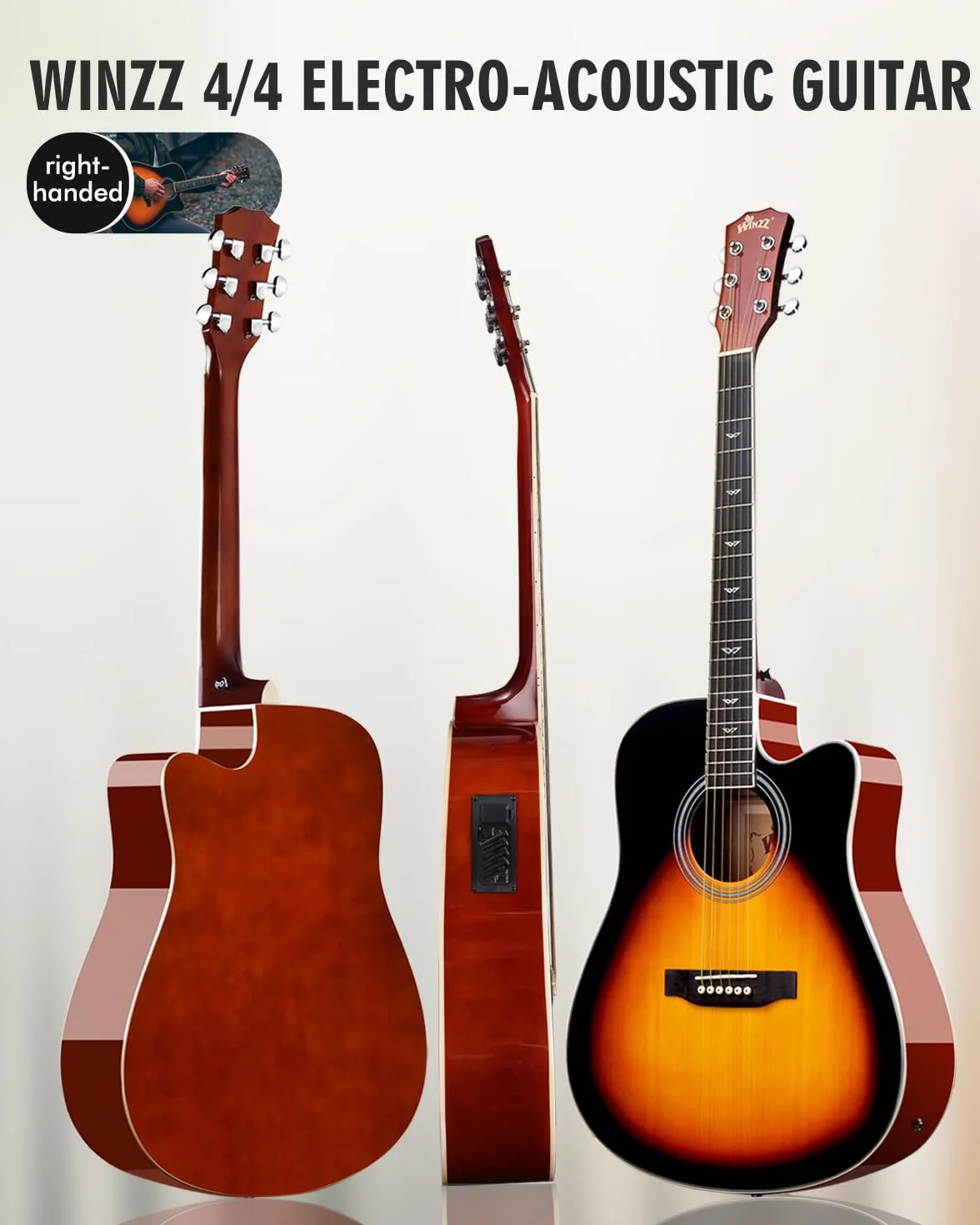 Winzz Elektryczna gitara akustyczna 4/4, zestaw do gitary westernowej, dla początkujących, gitara akustyczna, 41", z 4-pasmowym korektorem (Dreadnought, błyszcząca)