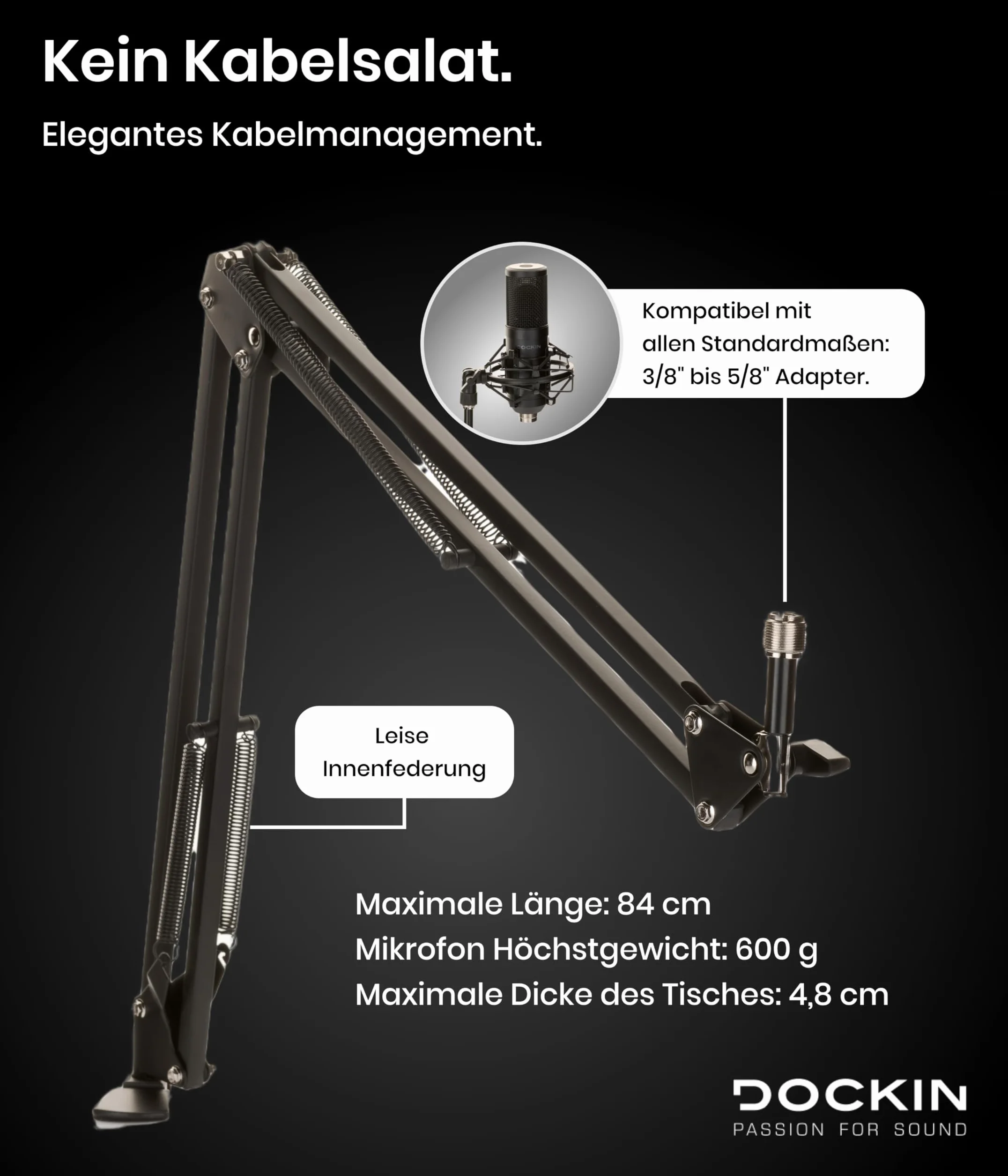 Stojak na mikrofon Dockin® do MP2000 i MP1000, regulowane ramię mikrofonu 3/8 cala do 5/8 cala adapter (84 cm) z klipsem mikrofonowym i zaciskiem stołu, obrotowe ramię do zawieszenia mikrofonu