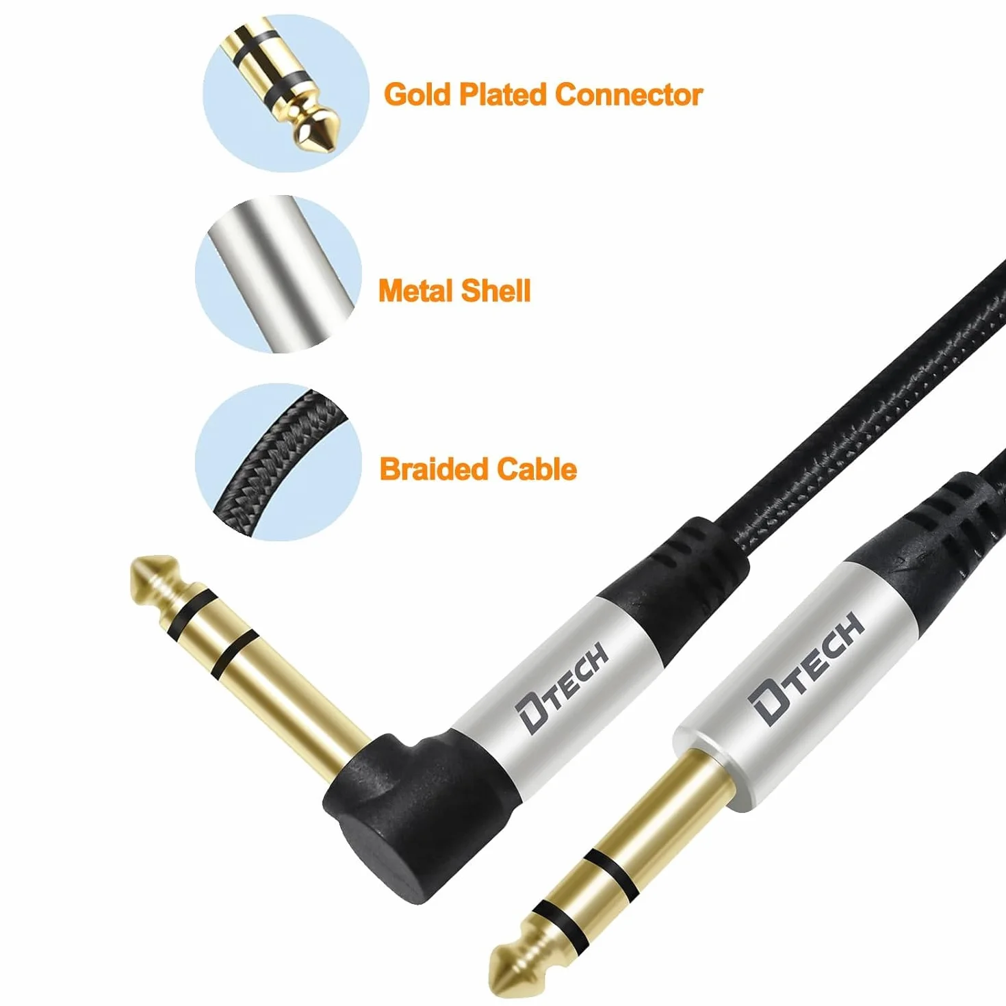 DTECH Kabel do gitary elektrycznej TRS 1/4 kabel instrumentalny Aux prostokątny symetryczna wtyczka jack stereo ćwierć cala 6,35 mm (1M prawy kąt)