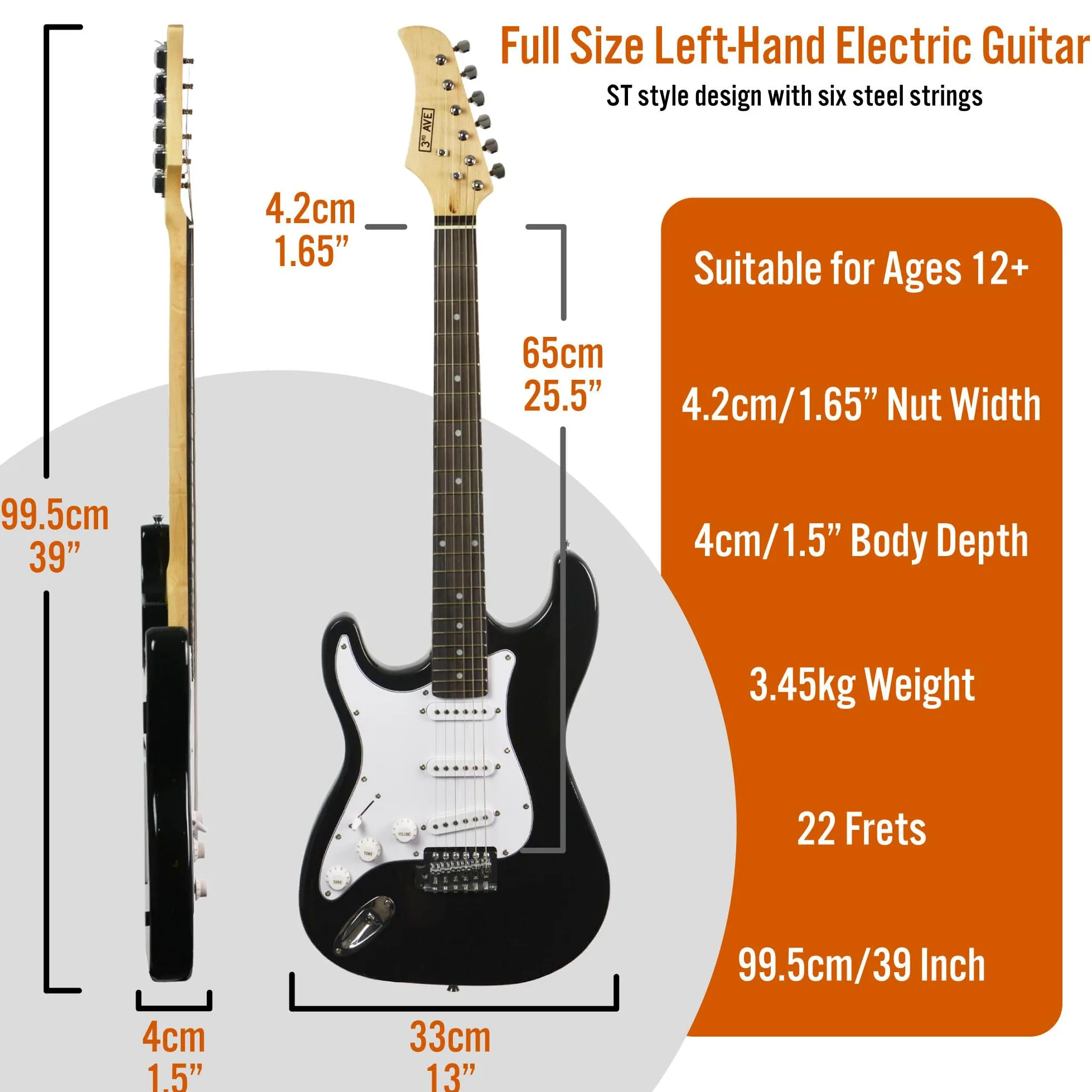 3rd Avenue Elektryczny Zestaw Gitarowy, Pełny Rozmiar, 4/4 Lewa Strona, 1 Miesiąc Ultimate Guitar Pro i Courses, Czarny