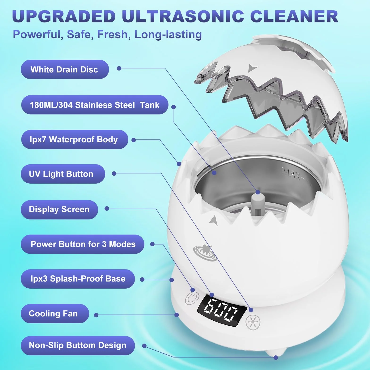 Ultrasonic Cleaner 2025–45000 Hz, 180 ml, ultradźwiękowe urządzenie do czyszczenia Dental Pod do szyn zębowych, protez, retainerów, alignerów, protez zębowych, główki szczoteczki do zębów, biżuterii