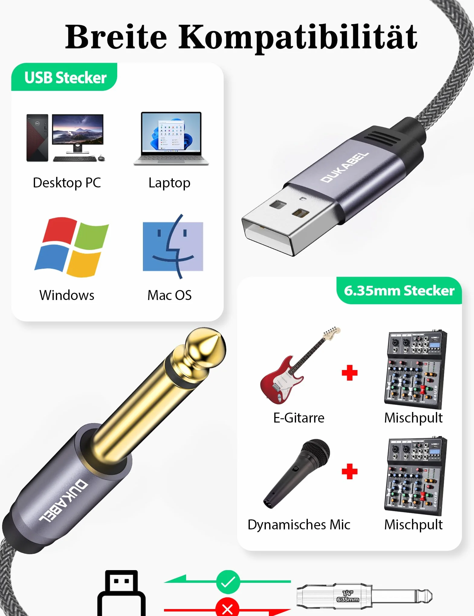 DuKabel Kabel USB do gitary USB na 1/4 TS do nagrywania gitary, 2,4 m, typ A na 6,35 mm, kabel konwerterowy mono do instrumentów, basów, e-keyboardu, miksera, wzmacniacza, komputera, laptopa