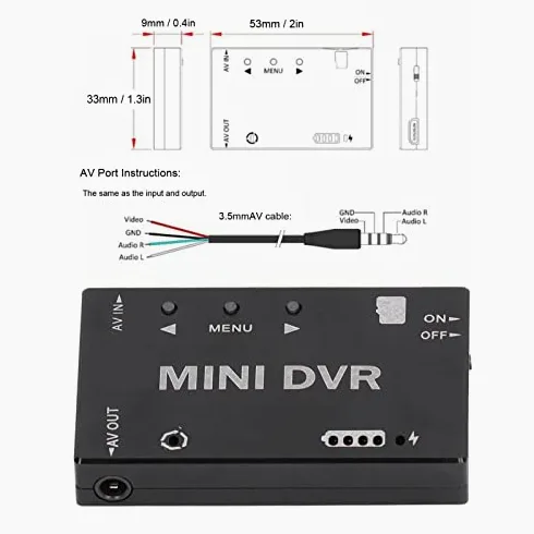 Mini DVR FPV z nagrywaniem wideo i dźwięku, przełączanie NTSC/PAL, wbudowany akumulator, obudowa z aluminium, obsługa kart do 32 GB, wymiary: 53 × 33 × 9 mm.