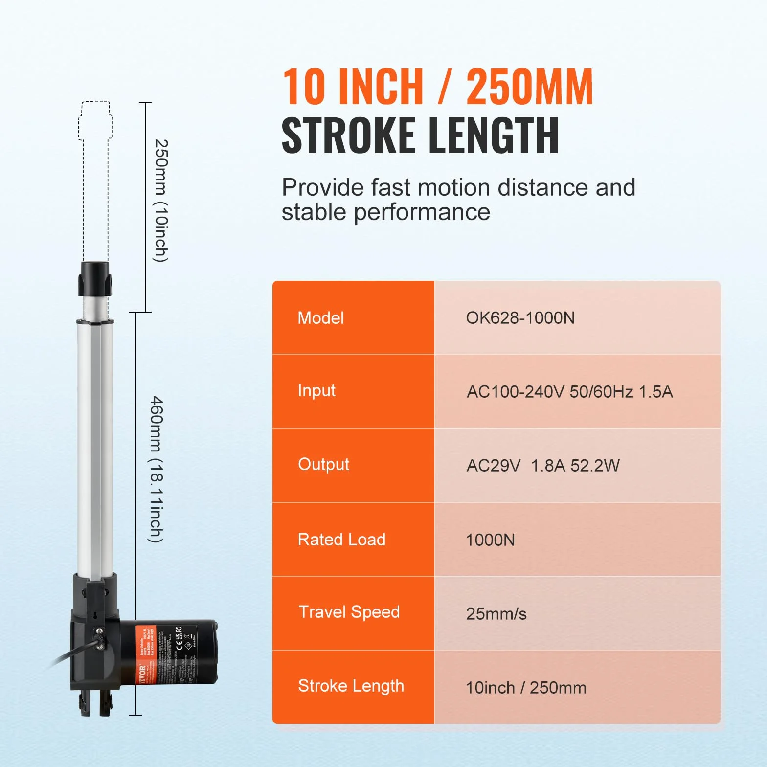 VEVOR Zestaw napędu liniowego, napęd liniowy 250 mm, 25 mm/s, 24 V, 220 lbs/1000 N, napęd liniowy do podnoszenia telewizora/stołu/sofy, stopień ochrony IP44 – zasilacz sieciowy, w zestawie