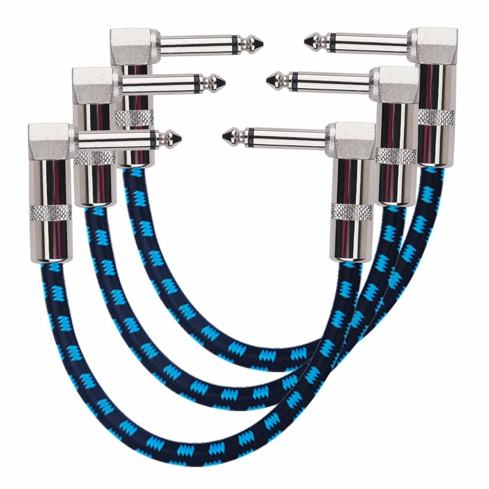 Rayzm kabel łatacz gitarowy - 6,35 mm bezgłośny 15 cm kabel łatacz do efektów gitarowych i basowych, kabel łatacz kątowy męski TS mono do instrumentów i efektów pedałowych (opakowanie 3 sztuki)