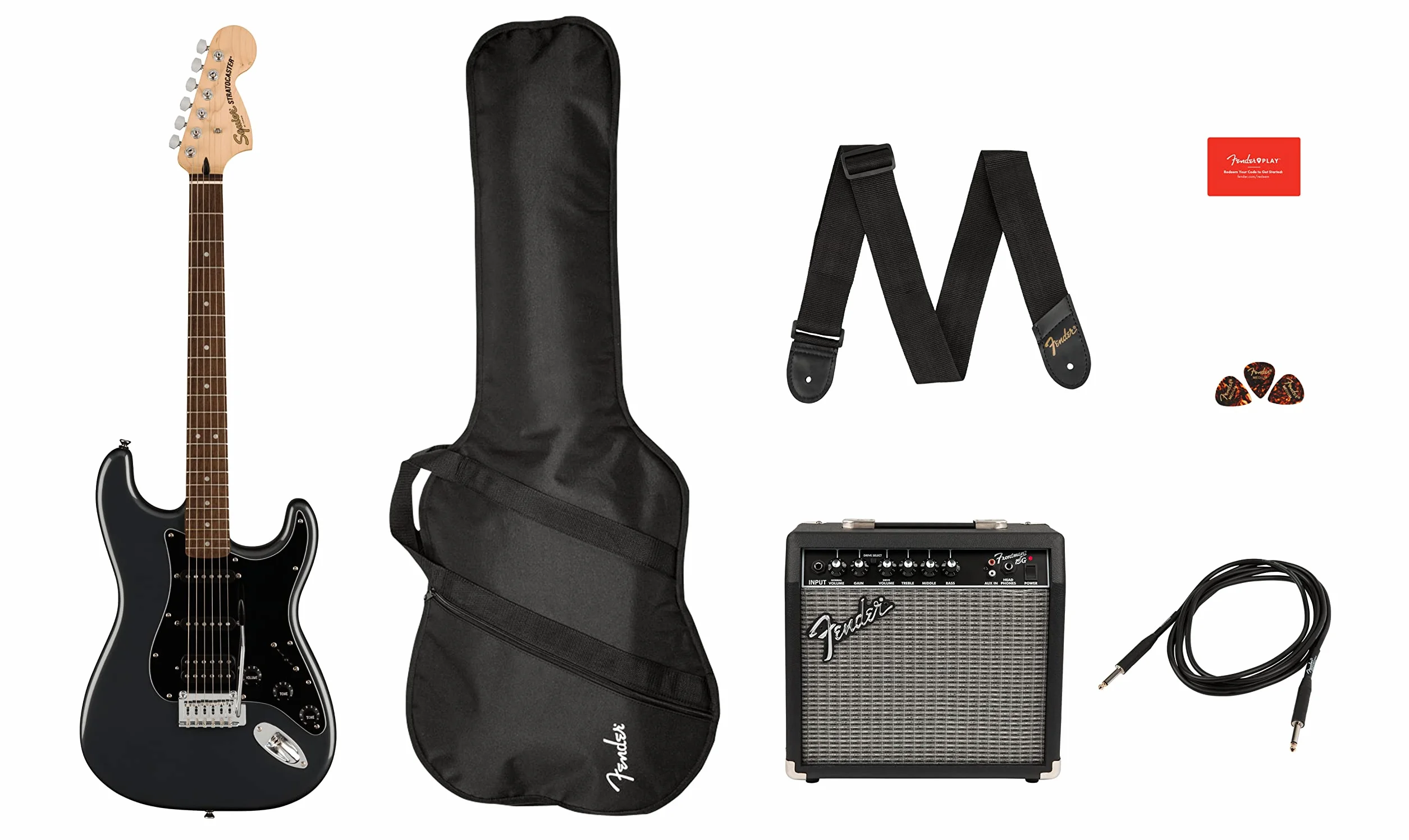 Squier by Fender Pack Affinity HSS, Charcoal Frost Metallic, ze wzmacniaczem, pakiet gitary elektrycznej, zawiera darmowe wirtualne kursy Fender Play