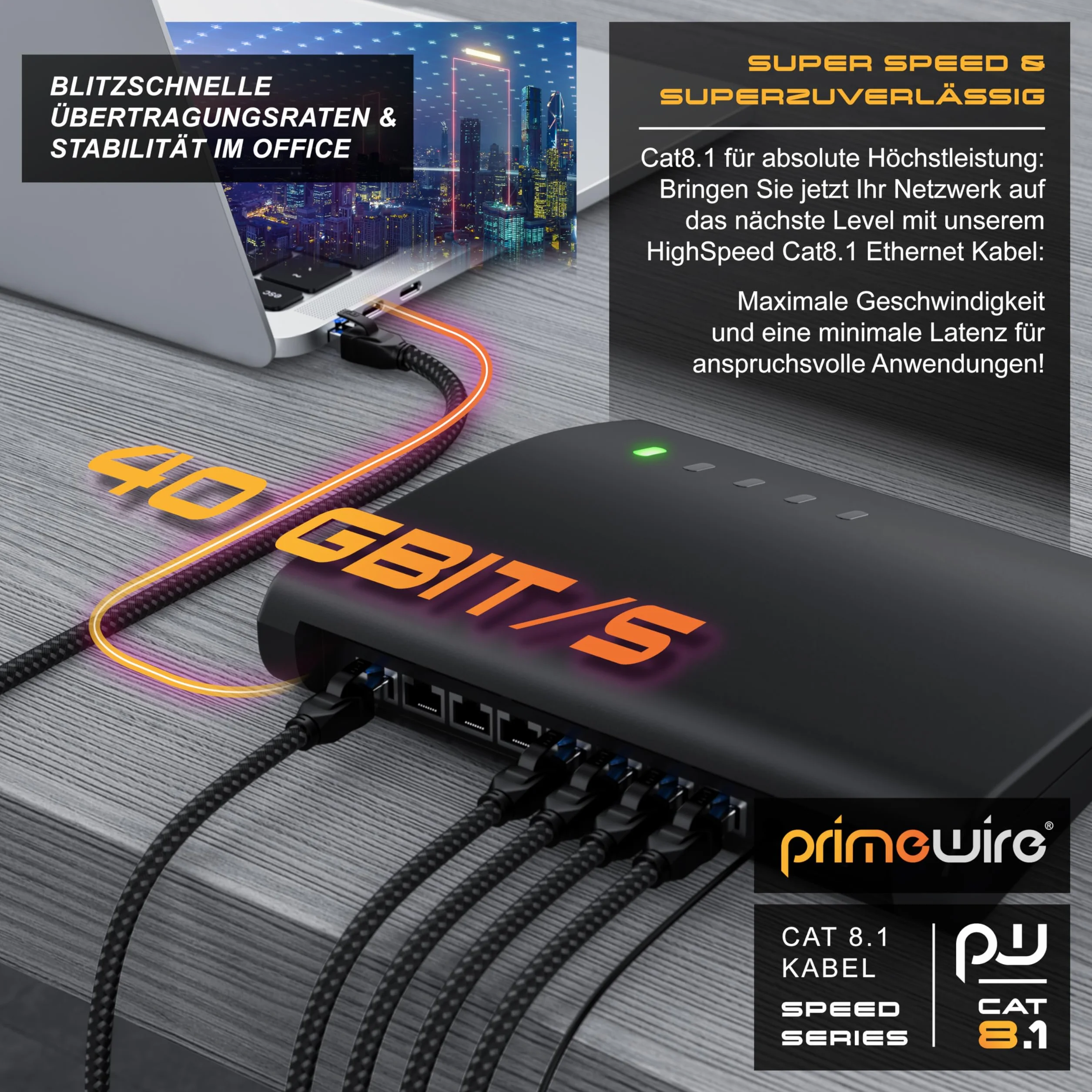CSL Kabel sieciowy CAT 8.1, 40 Gb/s, 7,5 m, bawełniana kurtka, czarna seria, kabel krosowy LAN RJ45, kabel Gigabit Ethernet CAT 8, 4000 Mb/s, S/FTP PIMF Shielding