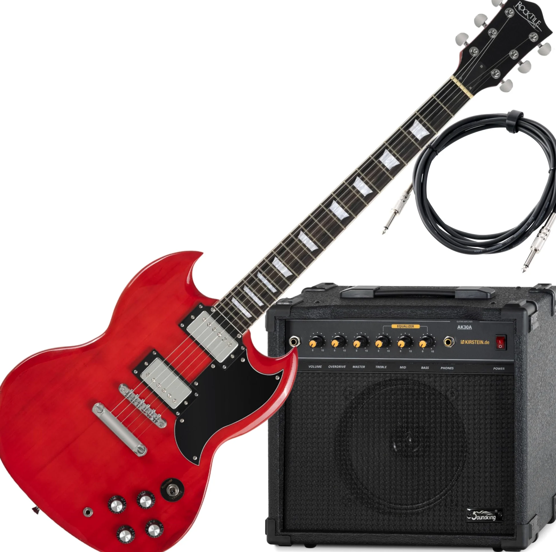 Rocktile Pro S-Red Gitara elektryczna Heritage Cherry AK30A zestaw – gitara elektryczna ze wzmacniaczem i kablem – humbucker pickups – korpus lipy, szyja, klon, podstrunnica, palisander – Finish Gloss