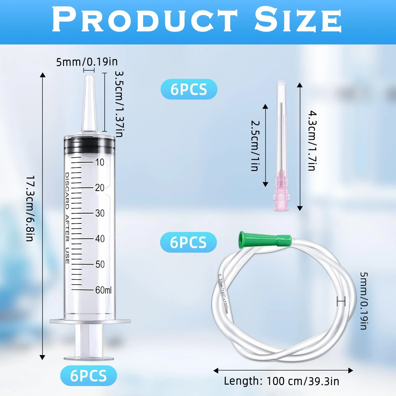 6 sztuk strzykawek 50 ml (60 ml) z igłą, strzykawka z wężem, pojedynczo zapakowana, idealna do karmienia zwierząt laboratoryjnych, nawadniania roślin przemysłowych