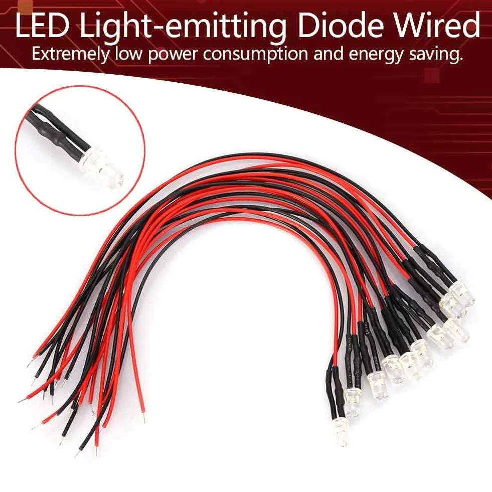 Diody LED, 10 szt. 12 V 0,06 W 5 mm kabel świetlny LED elektroluminescencyjna dioda z 20 cm wstępnie przewodowa, wielokolorowa (biała)
