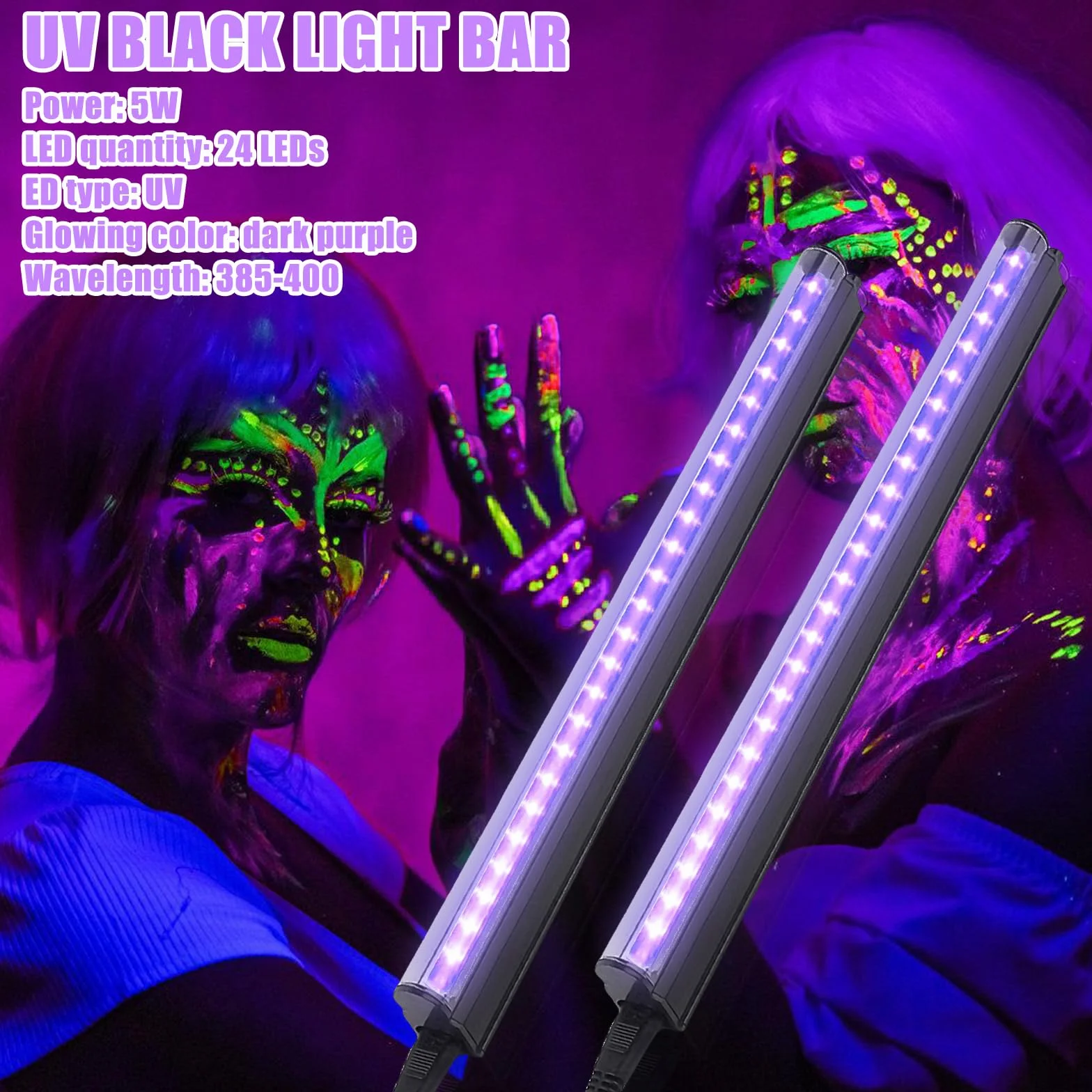 GBKDQQ Czarne światło LED, 2 sztuki, lampa UV 5 W, 28 cm, USB, czarne belki świetlne, z wtyczką i przełącznikiem, paski świetlne UV, światło imprezowe, na imprezę, dyskotekę, do baru, oświetlenia
