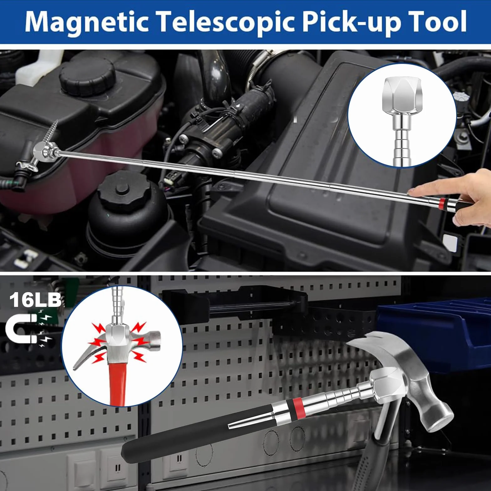 Flintronic Zestaw teleskopowych prętów magnetycznych, 1 sztuka, elastyczny podnośnik magnetyczny 16 lb z drążkiem teleskopowym i antypoślizgowym uchwytem, okrągły i kwadratowy drążek odbiorczy z