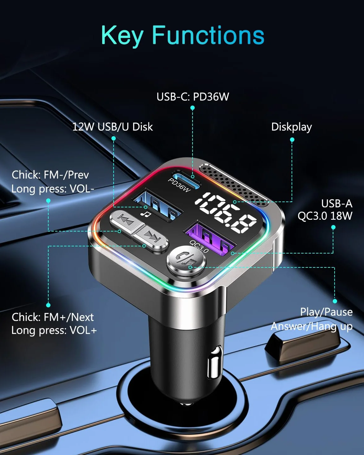 ORIA Nadajnik FM Bluetooth 5.3 66W, PD 36W + QC3.0 18W Samochodowy Nadajnik Bluetooth Radio, Połączenia Głośnomówiące, Synchronizacja Muzyki, Światło Oddechowe, Samochodowy Adapter Muzyczny