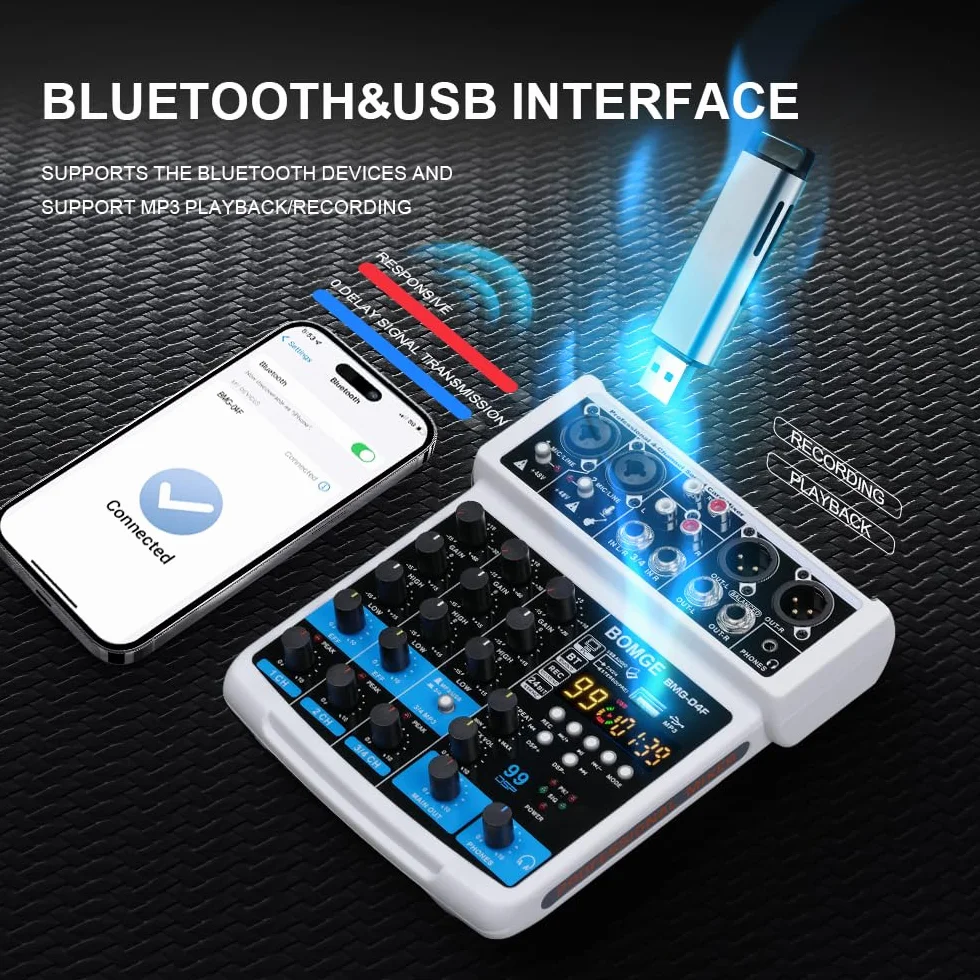 BOMGE 4-kanałowy mikser dźwięku DJ z Bluetooth MP3/USB 48V 24 DSP efekty Echo biały