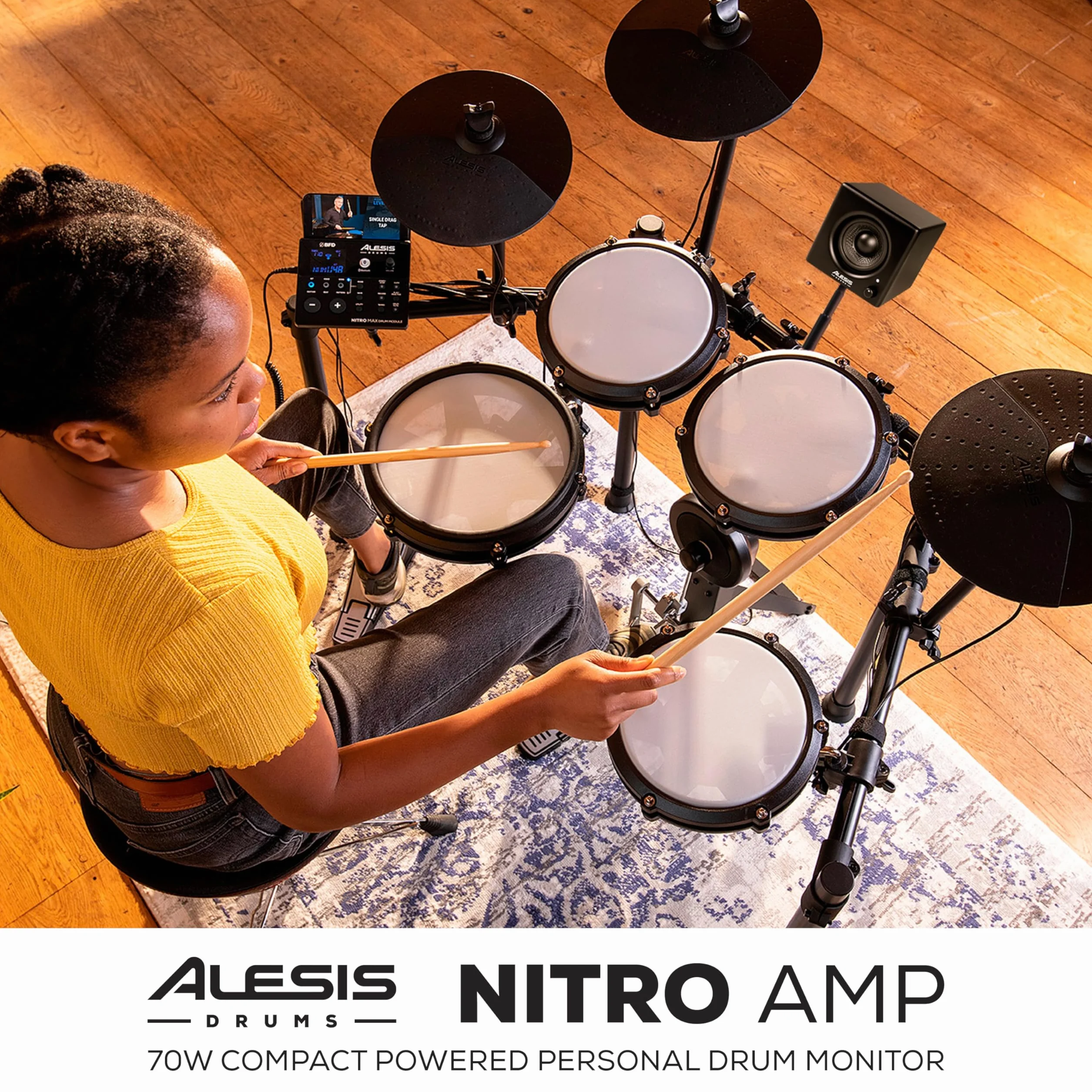 Alesis Nitro Amp 70 W - Kompaktowy Monitor Perkusyjny do Ćwiczeń i Lekcji, Montowany na Stelażu z Dołączonymi Zaciskami