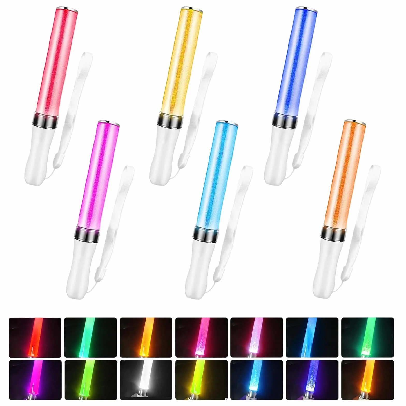 6 sztuk LED świecących pałek, zestaw zabawnych świecących pałeczek w 15 kolorach, kolorowe świecące pałeczki z paskiem do noszenia, świecące pałeczki na koncerty, świecące pałeczki jako akcesoria do