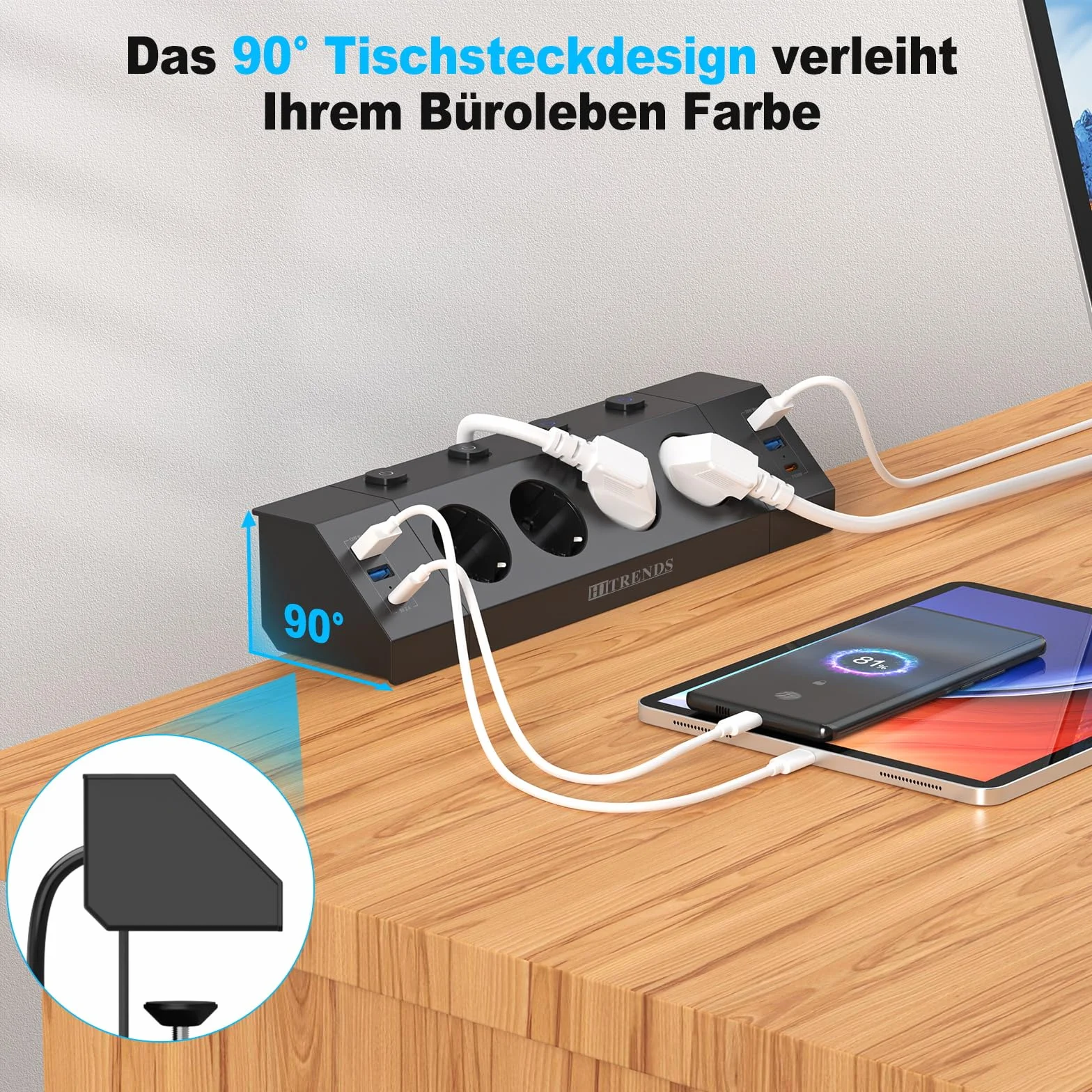 Gniazdko biurkowe z USB C PD 20W, listwa zasilająca z 4 pojedynczymi przełącznikami, 4-krotne gniazdko narożne z 6 USB, płaska wtyczka wielogniazdko montaż ścienny z kablem 2M, czarne