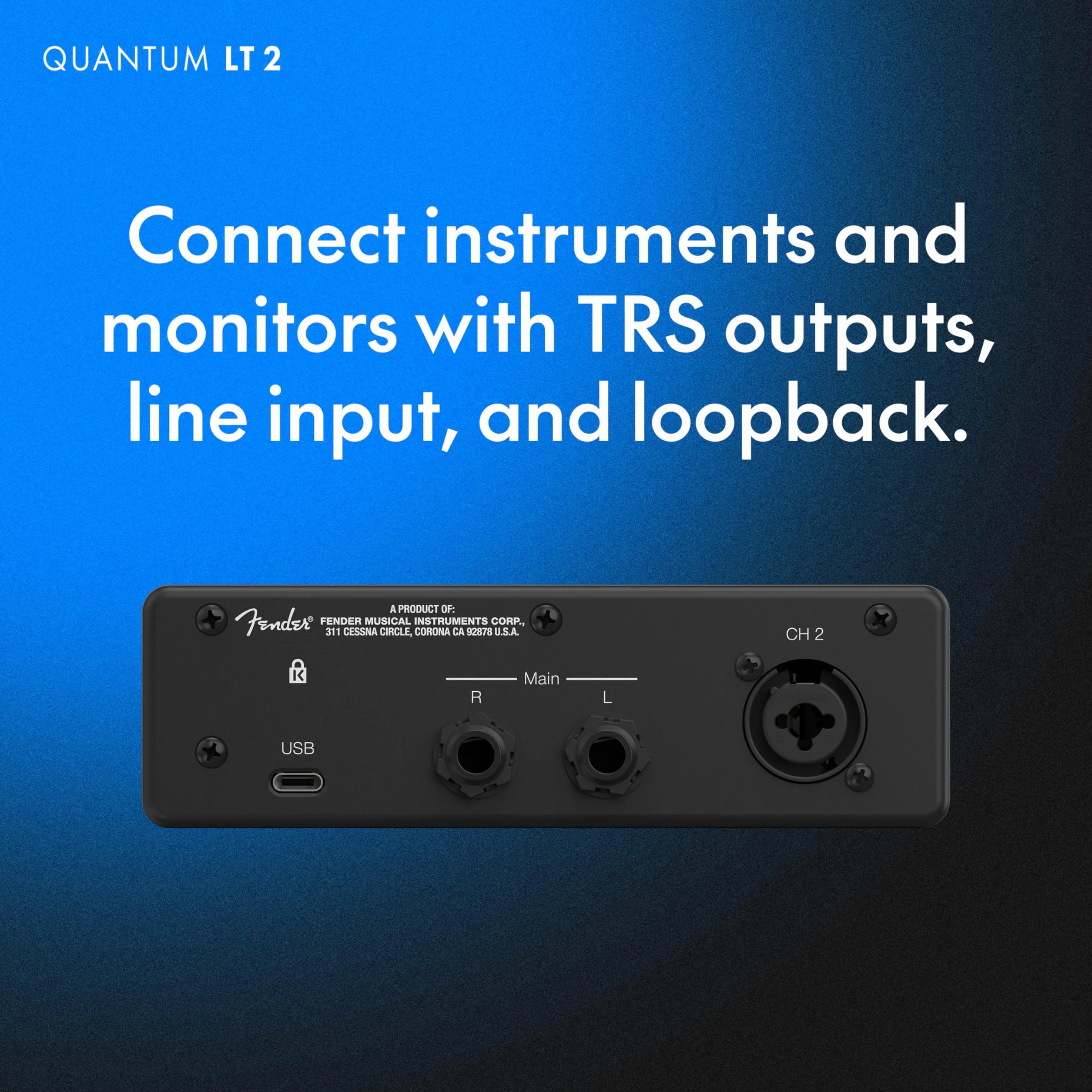 Fender Quantum LT 2 Interfejs audio USB-C do produkcji muzyki, przedwzmacniacz mic MAX-HD, wejście instrumentu, sterowniki low latency, loopback, zrównoważone wyjścia, wzmacniacz słuchawkowy, Mac, PC