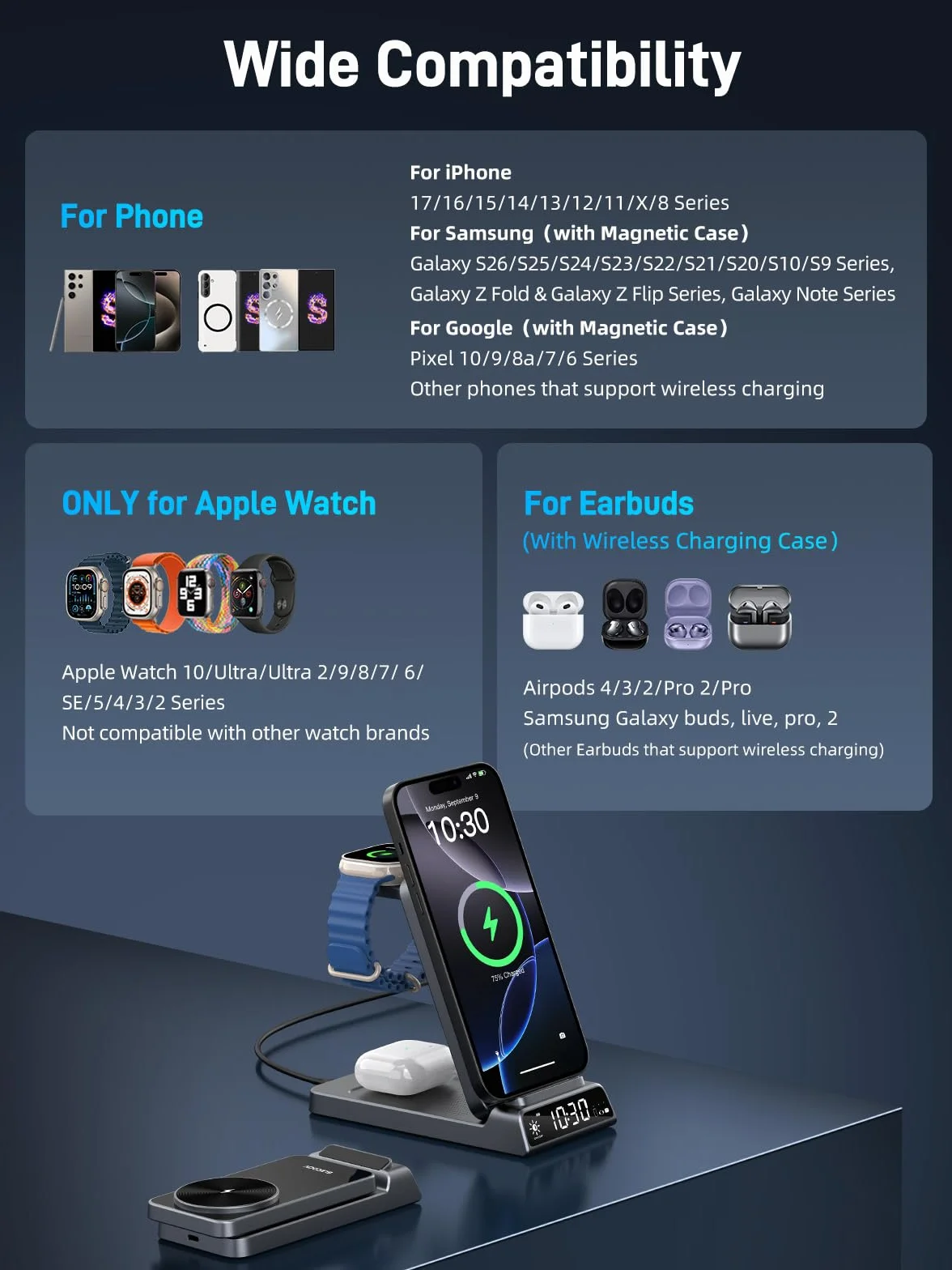 Bezprzewodowa ładowarka do Apple, magnetyczna stacja ładująca 3 w 1 z zegarem, składany podróżny bezprzewodowy stojak ładujący do iPhone 17/17 Pro/17 Pro Max/16/15, ładowarka do zegarka iWatch 10