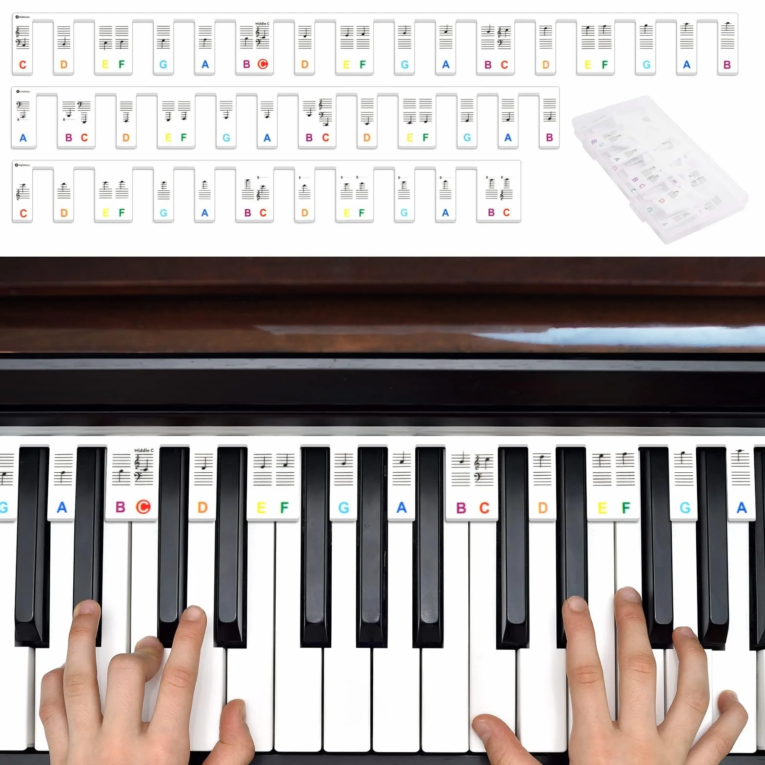 URAQT Silikonowe naklejki fortepianowe wielokrotnego użytku, 88 kluczowych naklejek na klawiaturę fortepianową, zdejmowane naklejki na fortepian, naklejka na fortepian dla dzieci (kolorowe)