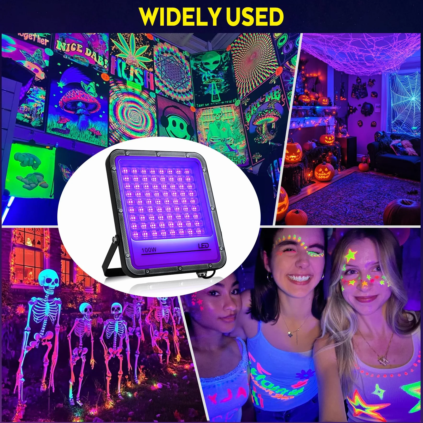 VAYALT 2 sztuki reflektorów LED UV 100 W 395 nm IP65 czarne światło na imprezę Halloween