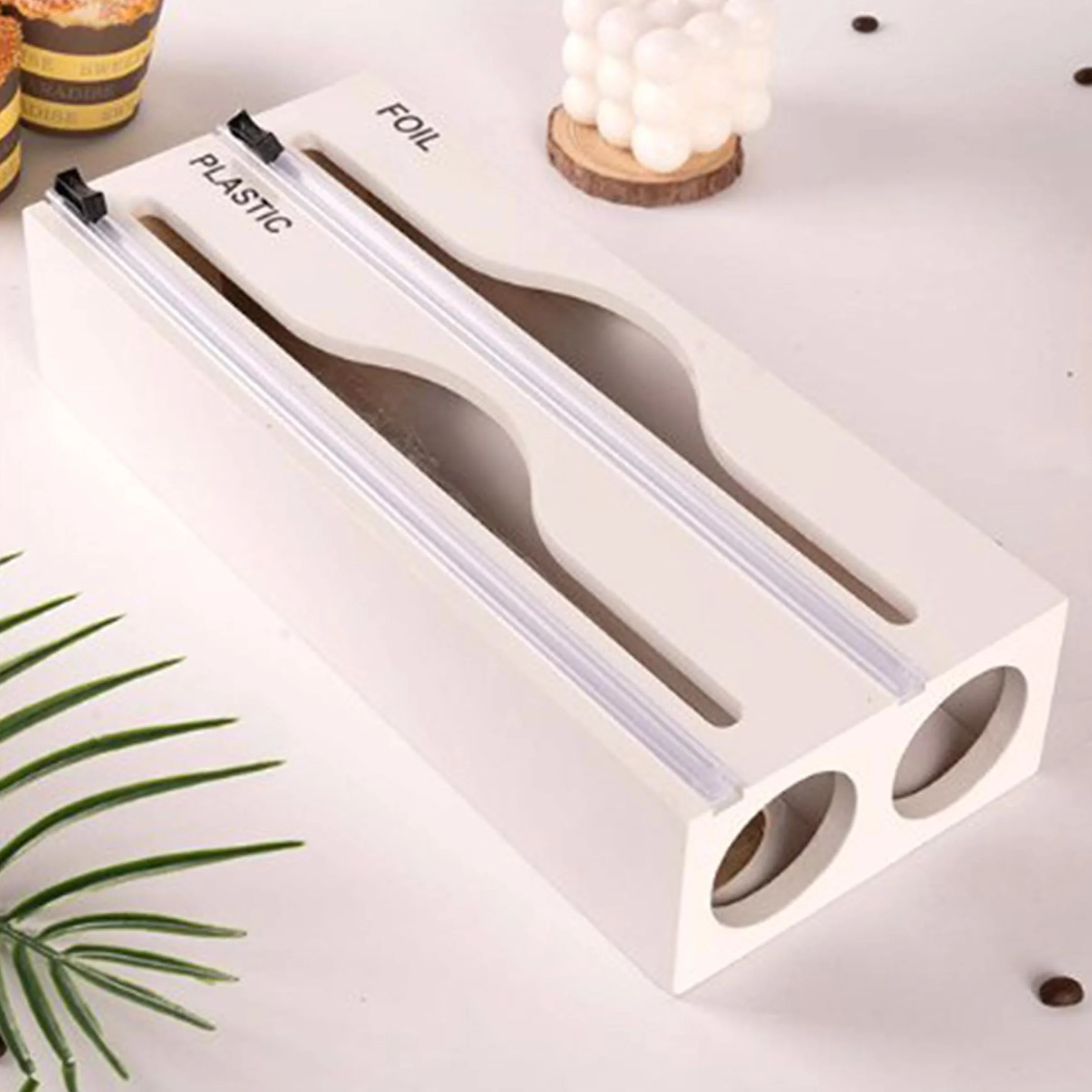 SUQ Wrap Dispenser-Cutter, napełniany dozownik folii cling, przyssawka do cięcia folii plastikowej Żywność Przezroczysta folia i folia do kuchni, restauracja (Dwuwarstwowy biały)