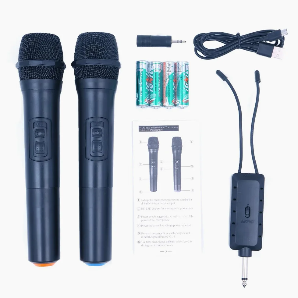 Podwójny mikrofon bezprzewodowy, system mikrofonowy do ponownego ładowania z odbiornikiem i pierścieniem antypoślizgowym, odległość 30-100 m, do śpiewu karaoke, wypowiedzenia publiczne, wesele, scenę