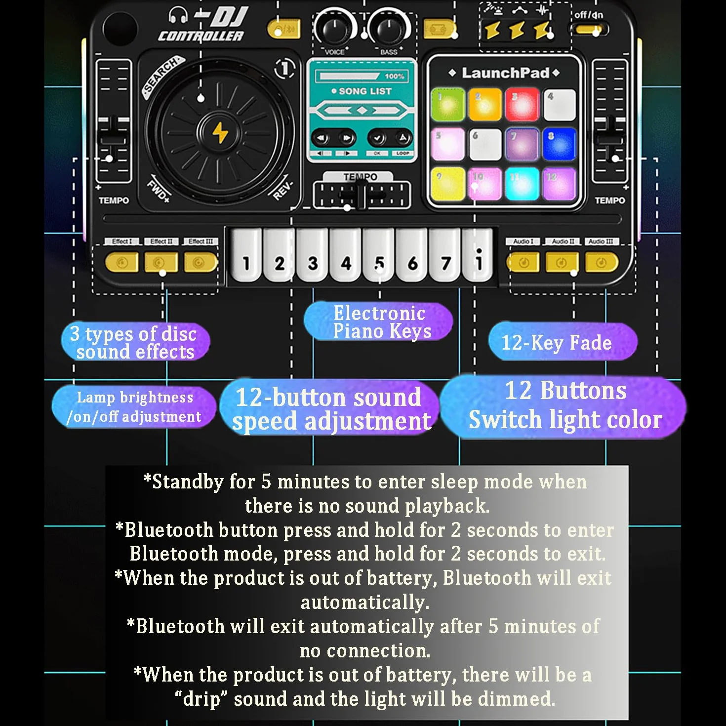 Konsola DJ-ska z mikserem Bluetooth dla dzieci i początkujących, przenośna z mikrofonem