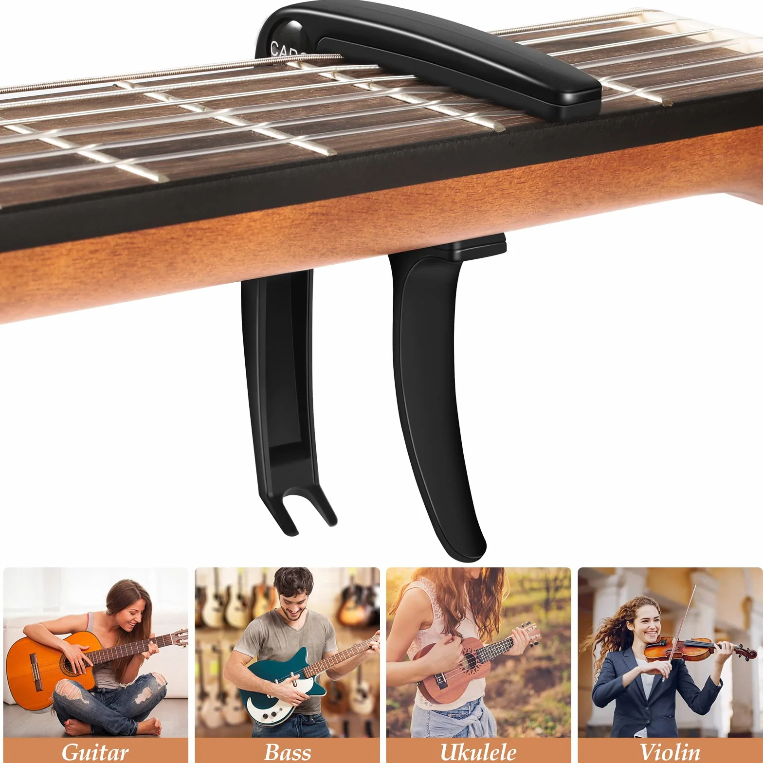 Kapodaster do gitary z 6 kostkami, do ukulele, gitary westernowej, gitary elektrycznej, z metalu, czarny