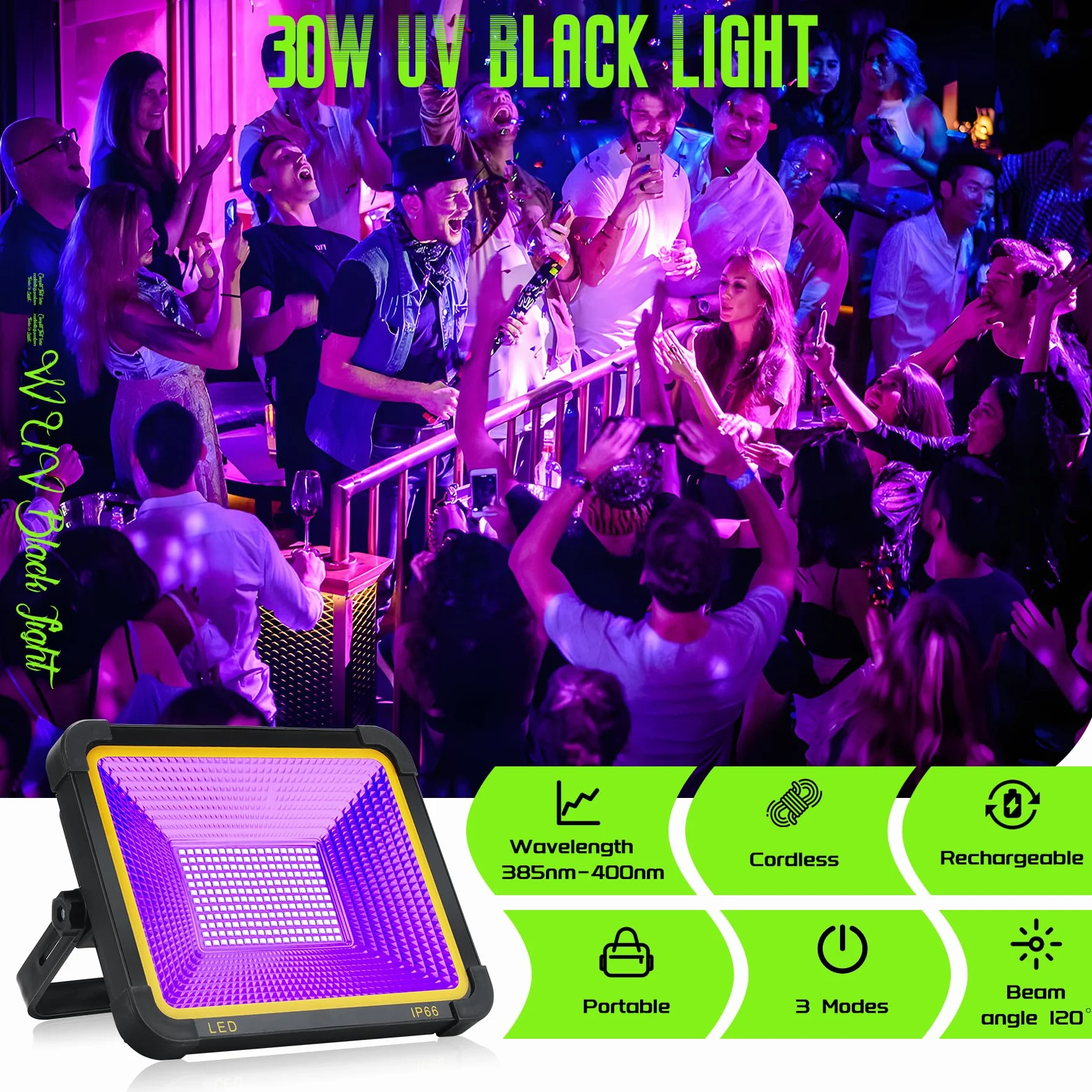 Czarne światło, 2 sztuki, przenośna, bezprzewodowa lampa UV z możliwością ponownego ładowania, światło UV, lampa z czarnym światłem, na imprezę, Halloween, jako oświetlenie sceniczne