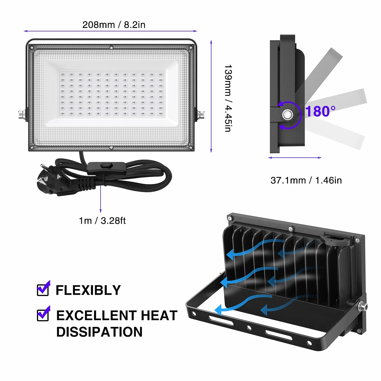Onforu 2 reflektory UV 50 W, czarne światło z wtyczką, IP66, wodoszczelne czarne światło, światło UV z przełącznikiem, fluorescencyjne kolory neonowe, lampa UV do dekoracji, na imprezę, dyskotekę