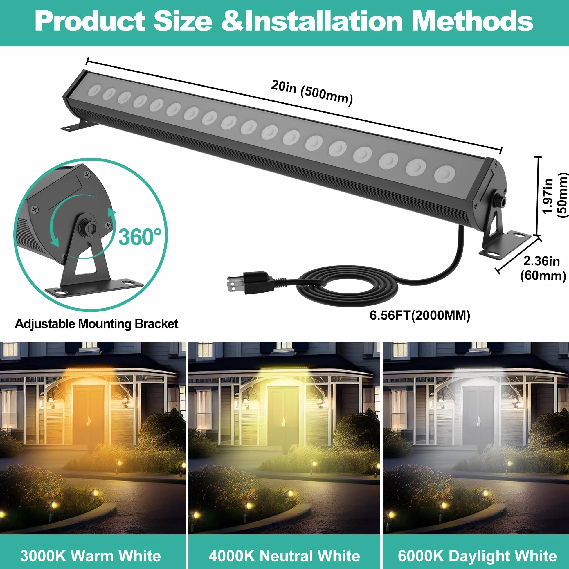 Oświetlenie punktowe RGB LED, 90 W RGB Wallwasher with Remote Control and Bluetooth, 16 milionów kolorów, 12 trybów, wodoszczelność IP66, możliwość ściemniania, oświetlenie imprezowe, bar do