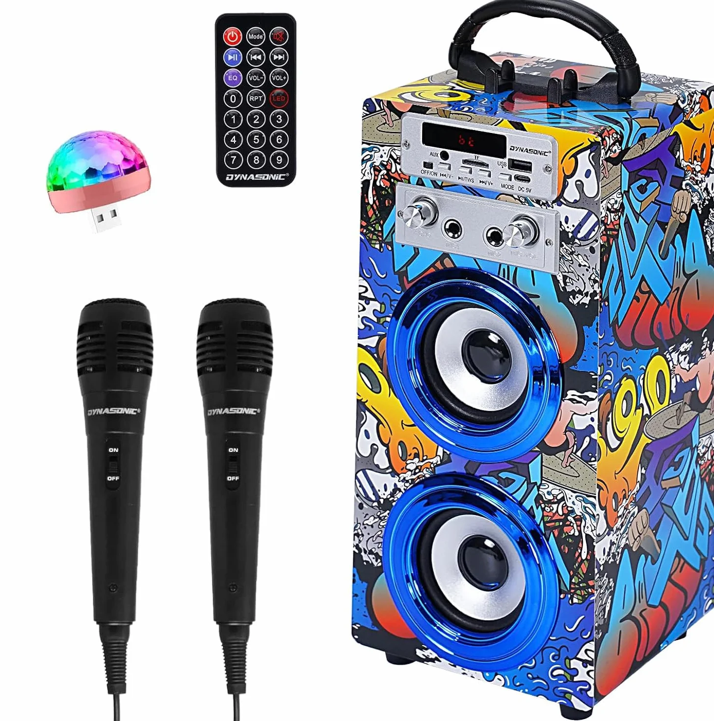 DYNASONIC Przenośna maszyna do karaoke, 2 mikrofony, głośnik Bluetooth, światła, czytnik USB i SD, prezent dla dzieci w wieku 5-13 lat (025-16 LIGHTS)