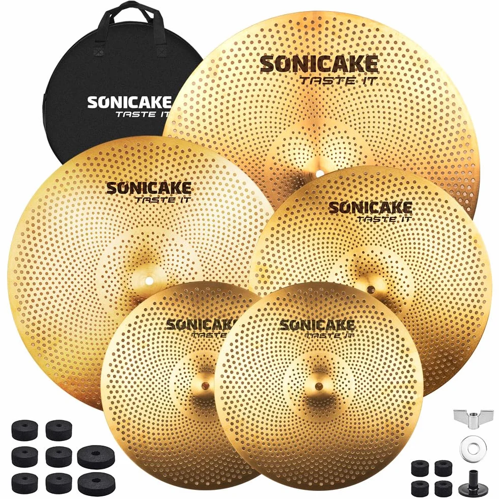 SONICAKE Cymbal zestaw o niskiej głośności, 14" HiHat + 16" Crash + 18" Crash + 20" Ride zestaw talerzy złoty, 5 sztuk, z kieszenią na miednicę i akcesoriami