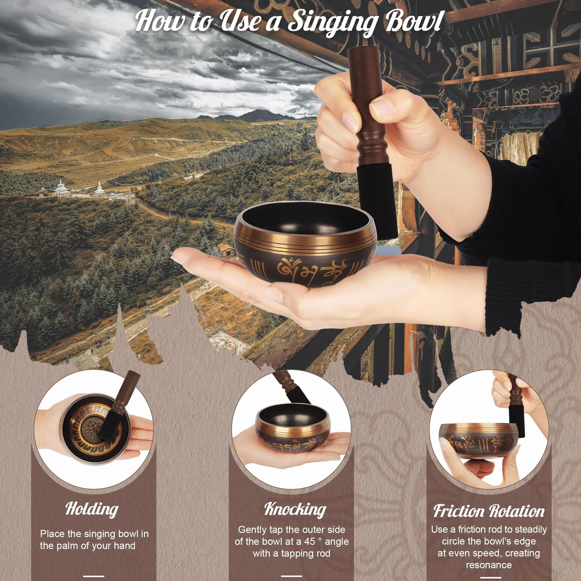 Tybetańska misa dźwiękowa 9 cm, Singing Bowl z perkusją i poduszką, łatwa do gry, ręcznie wykonana w Nepalu, do medytacji i relaksu