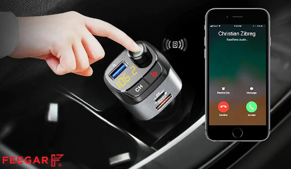 Feegar Q100 Pro Transmiter FM Bluetooth 5.0 zestaw głośnomówiący QC3.0 MP3 LED Ładowarka samochodowa USB 38W Mikrofon HD Przycisk B (Bass Boost Surround Effect) Typ C PD 3.0 / 4.0 Siri Assistant Pokazuje stan napięcie w aucie