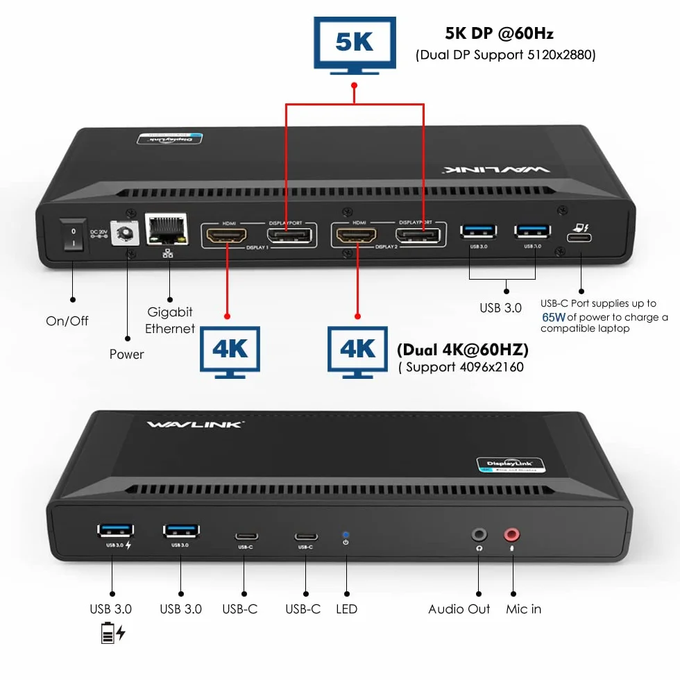 WAVLINK Uniwersalna stacja dokująca USB C 60 W, zasilanie obsługuje podwójne wyjścia wideo 4K (DisplayPort i HDMI, Gigabit Ethernet, wyjście audio i mikrofon, 4 USB 3.0 i 2 porty USB C)