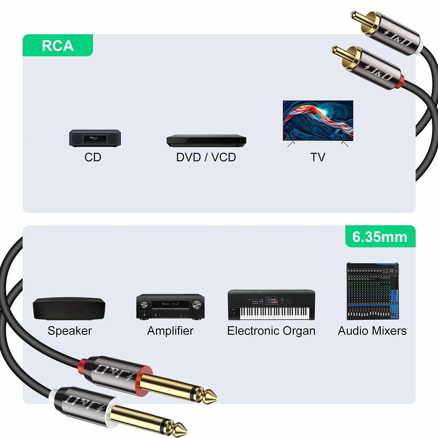 J&D 2 x 6,35 mm do 2 RCA, pozłacana miedziana powłoka wytrzymała 2 x 6,35 mm 1/4 cala męski TS do 2 RCA męski adapter stereo audio, 6 stóp
